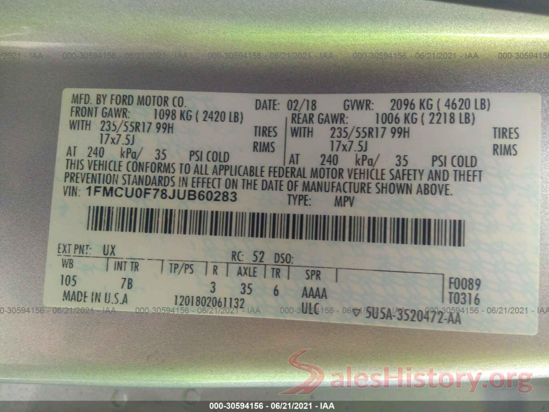 1FMCU0F78JUB60283 2018 FORD ESCAPE