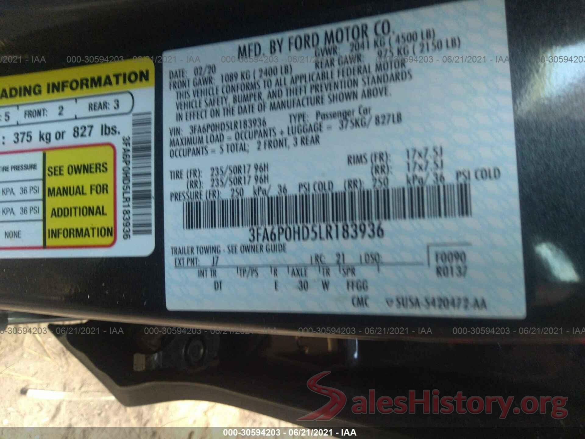 3FA6P0HD5LR183936 2020 FORD FUSION