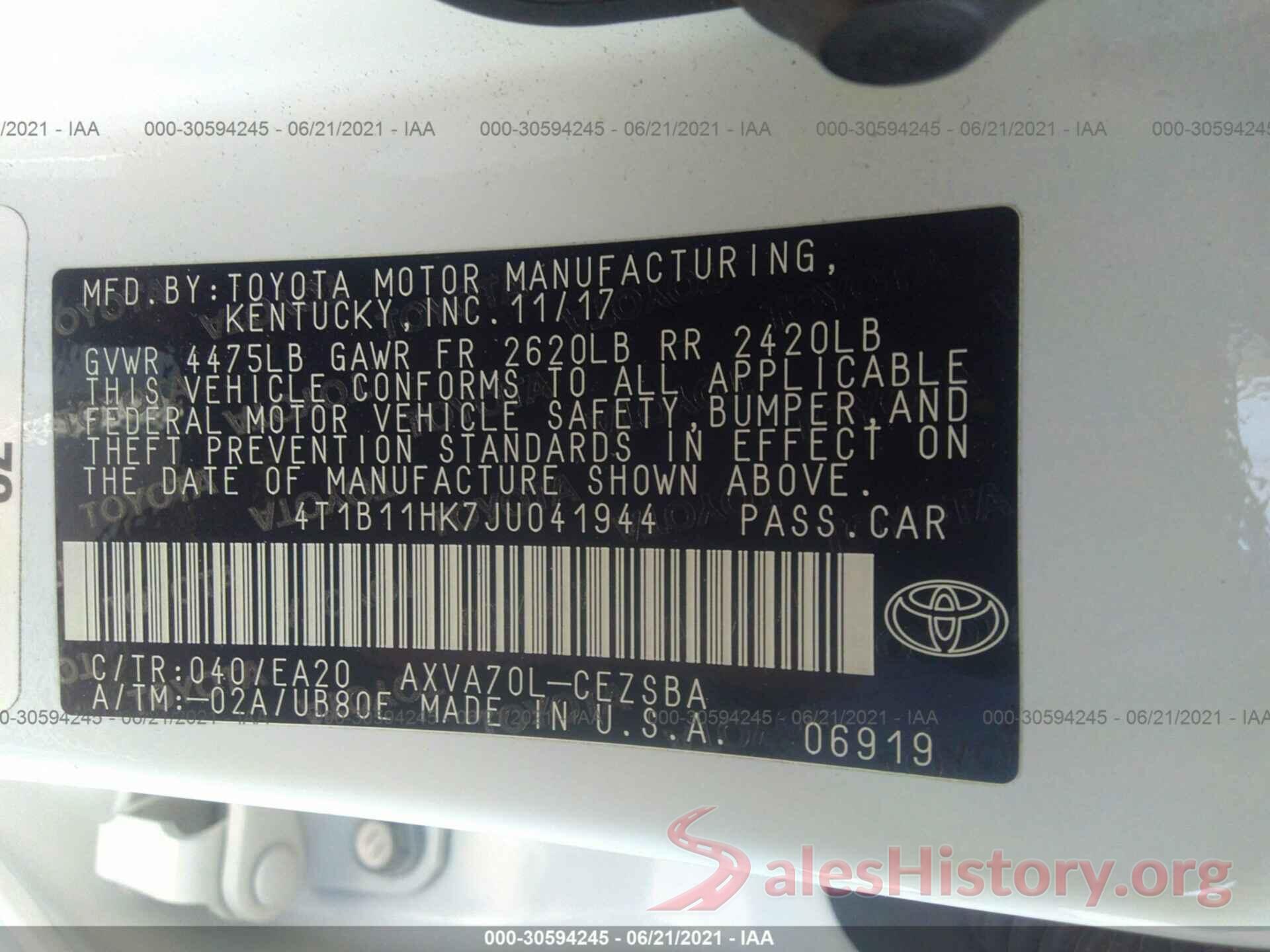 4T1B11HK7JU041944 2018 TOYOTA CAMRY