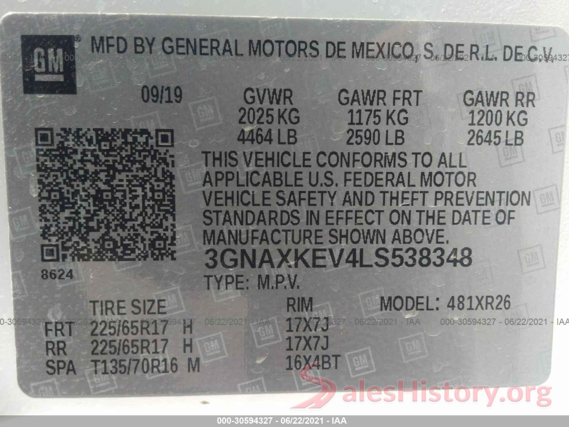 3GNAXKEV4LS538348 2020 CHEVROLET EQUINOX