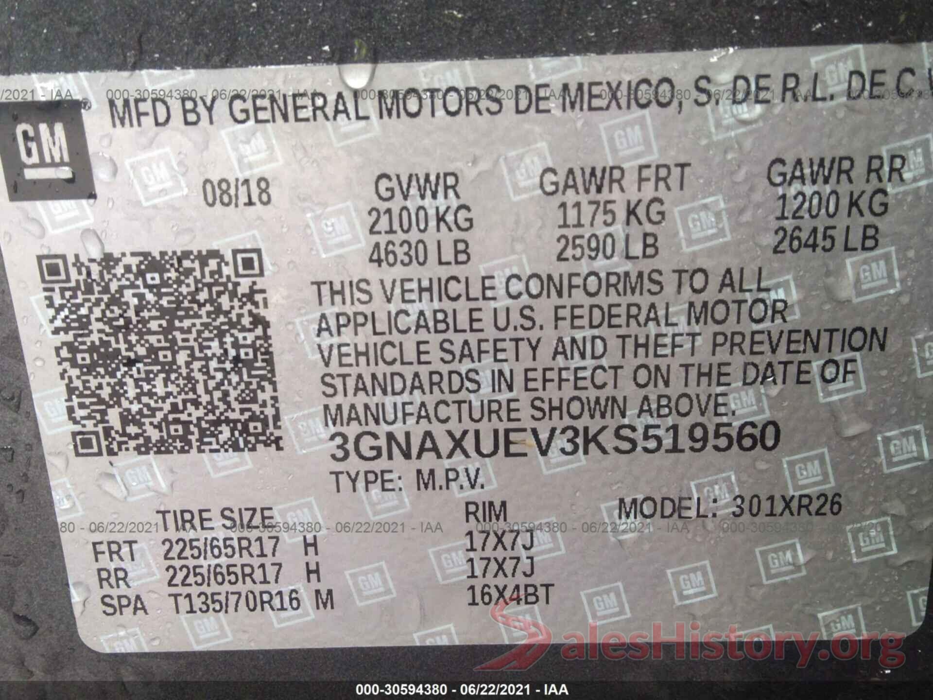 3GNAXUEV3KS519560 2019 CHEVROLET EQUINOX