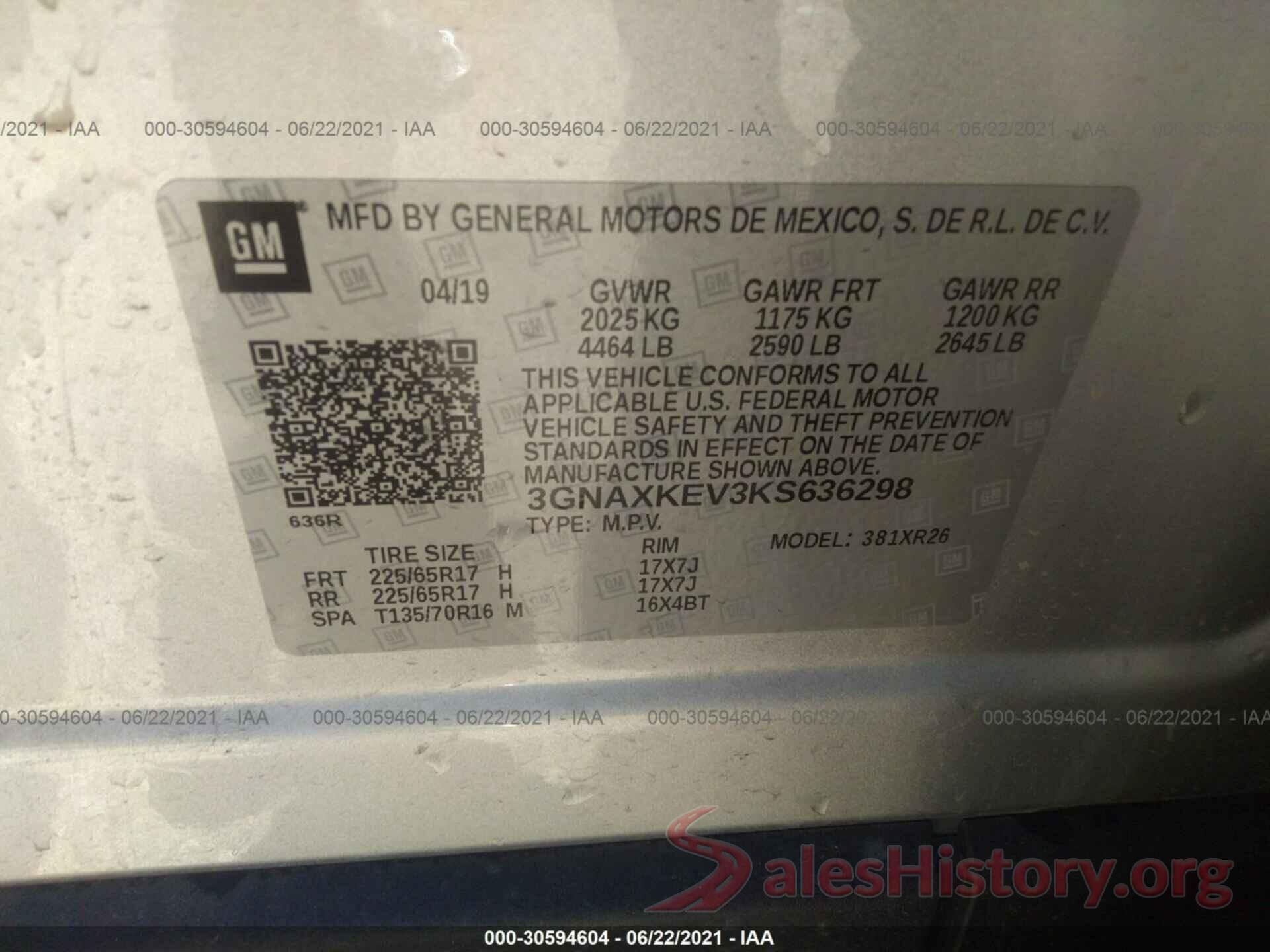 3GNAXKEV3KS636298 2019 CHEVROLET EQUINOX