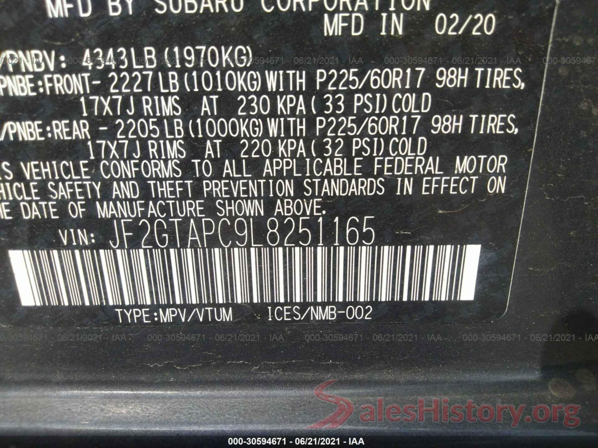 JF2GTAPC9L8251165 2020 SUBARU CROSSTREK