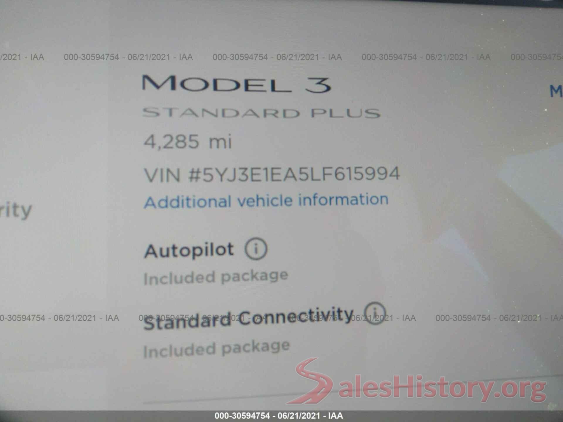 5YJ3E1EA5LF615994 2020 TESLA MODEL 3