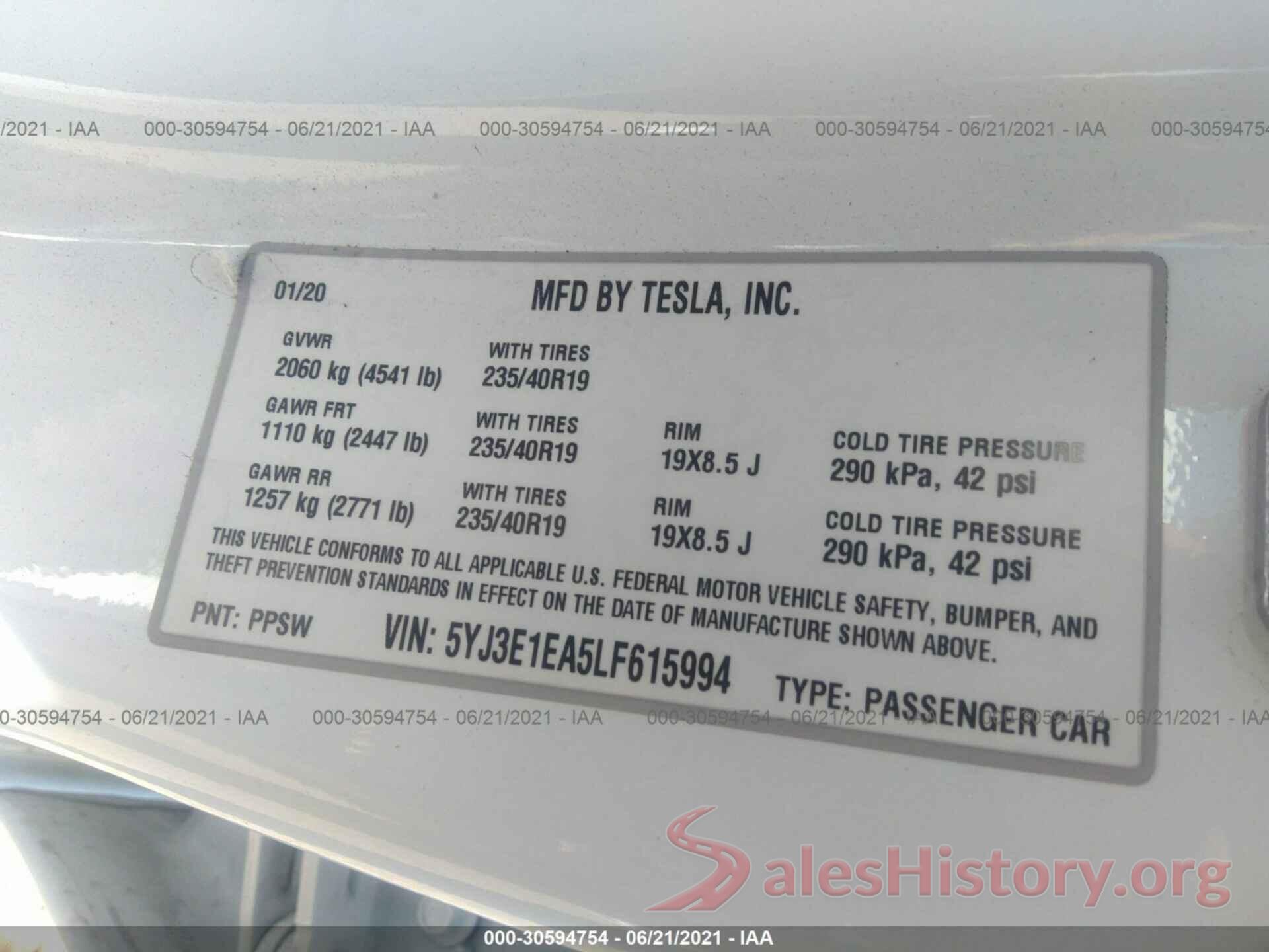 5YJ3E1EA5LF615994 2020 TESLA MODEL 3