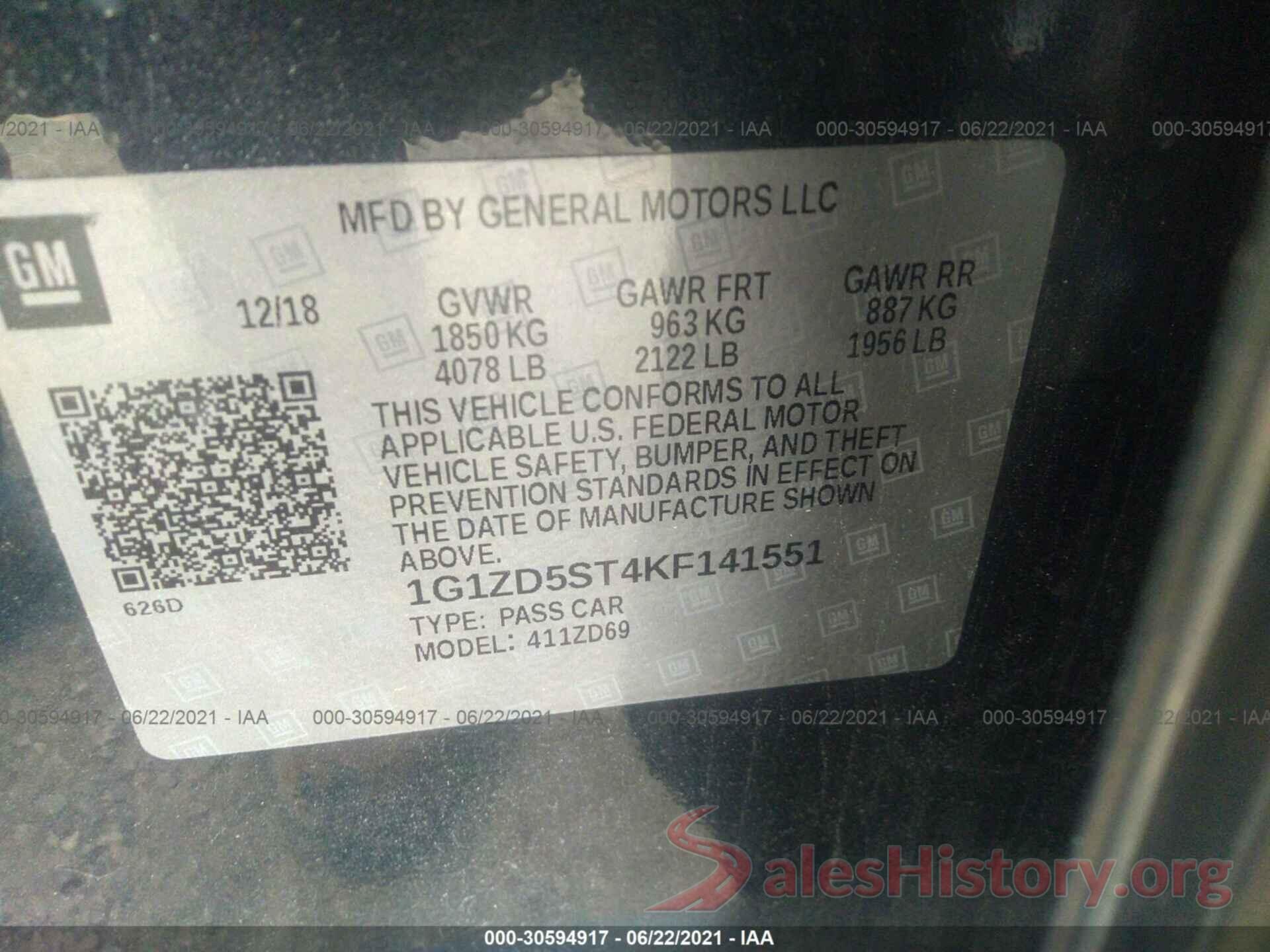 1G1ZD5ST4KF141551 2019 CHEVROLET MALIBU