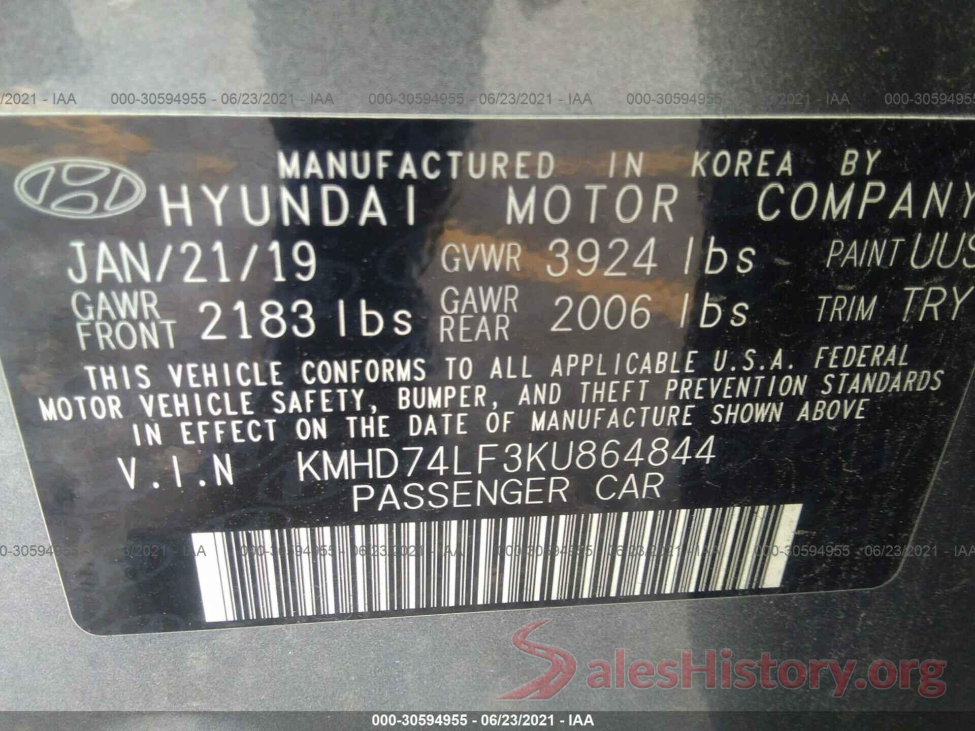 KMHD74LF3KU864844 2019 HYUNDAI ELANTRA