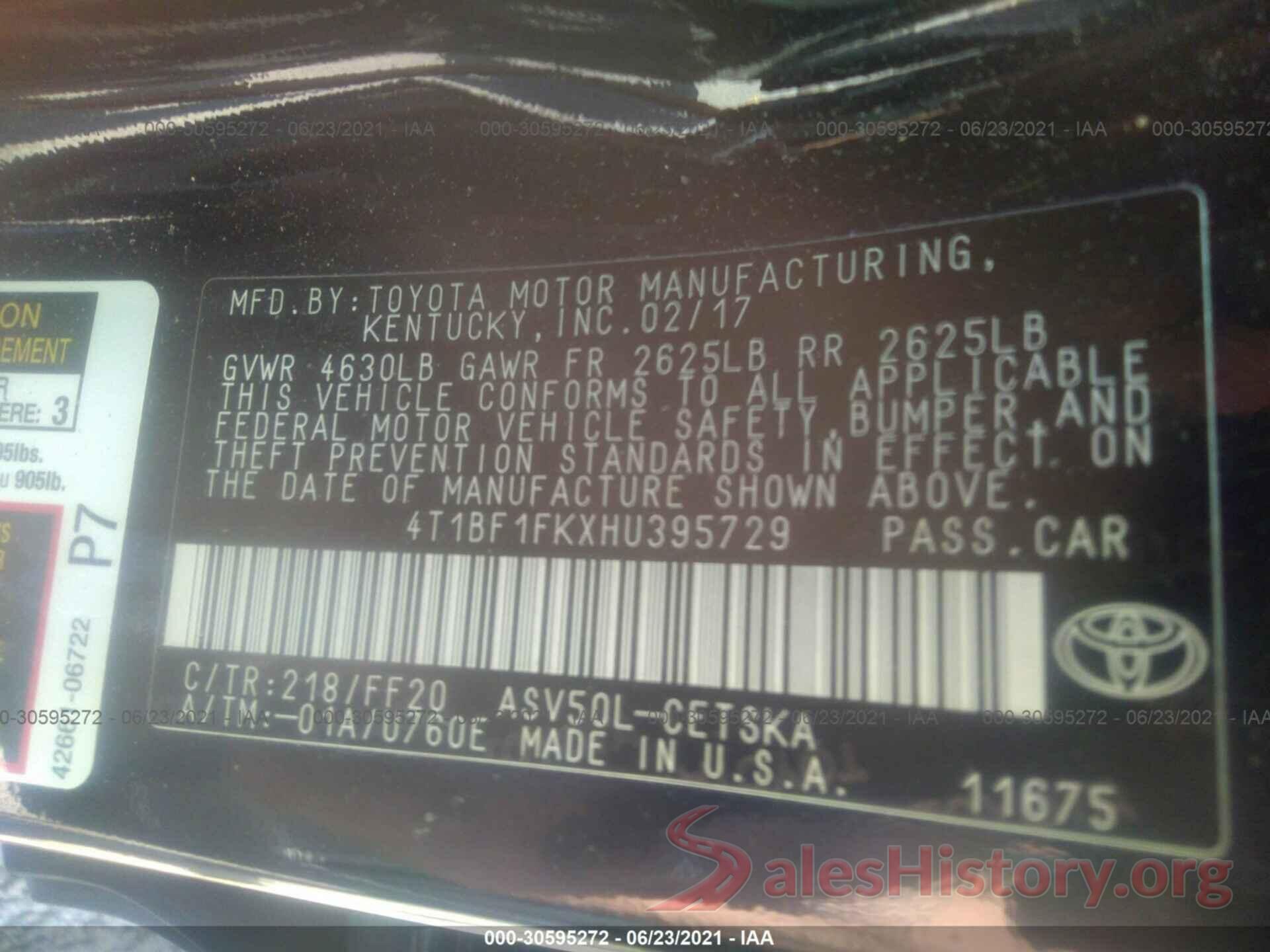 4T1BF1FKXHU395729 2017 TOYOTA CAMRY