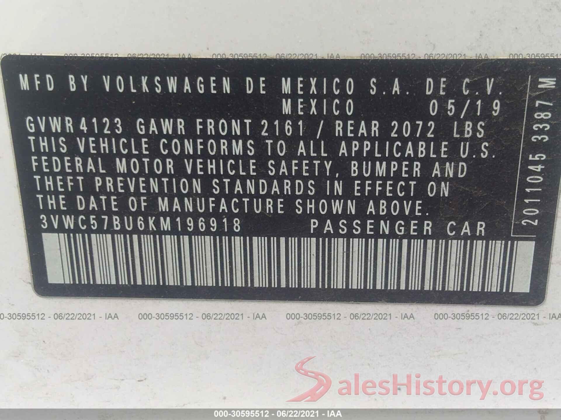 3VWC57BU6KM196918 2019 VOLKSWAGEN JETTA