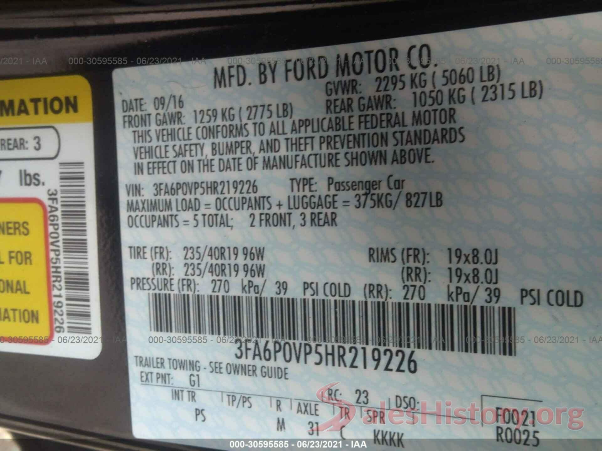 3FA6P0VP5HR219226 2017 FORD FUSION