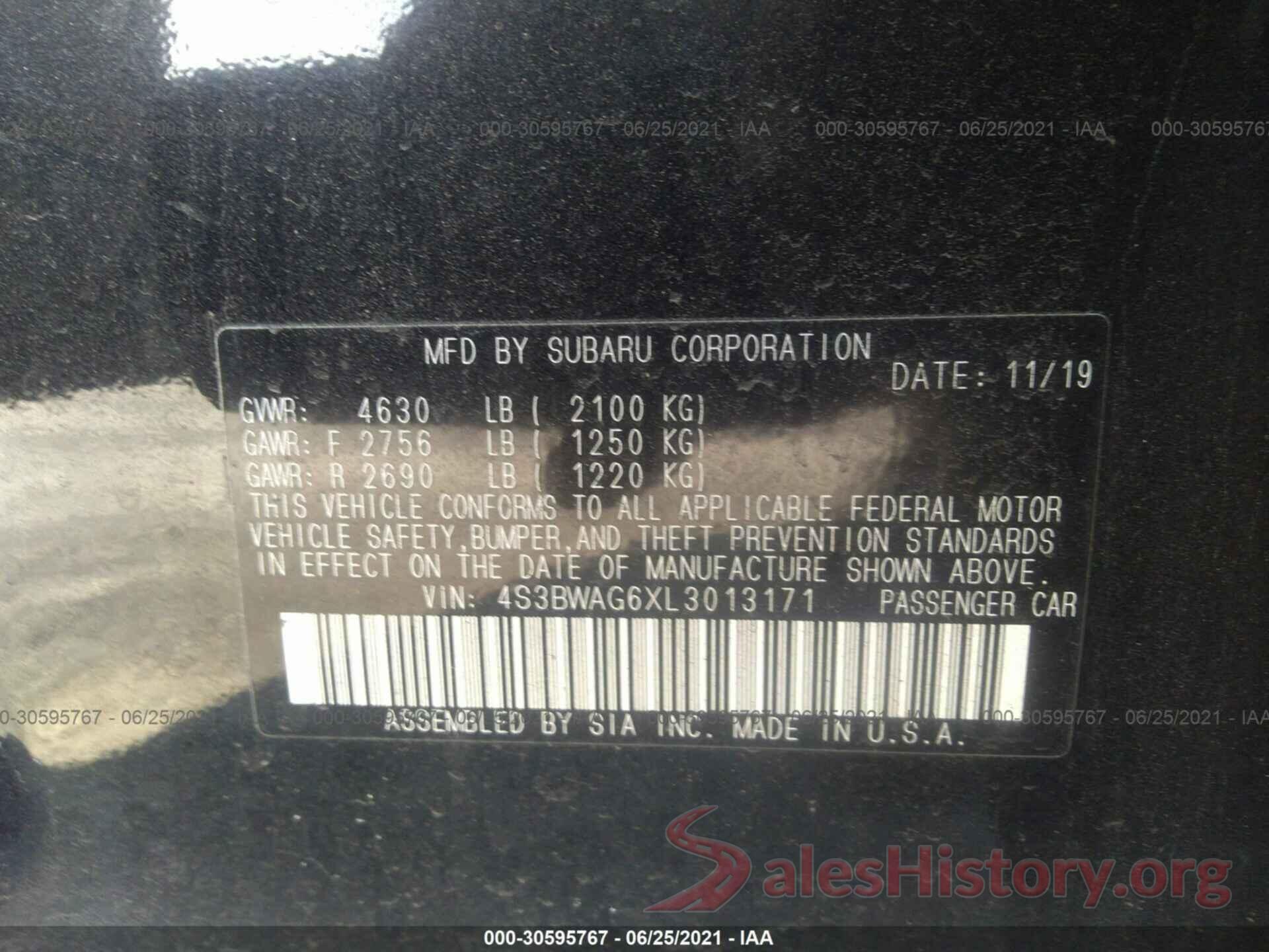 4S3BWAG6XL3013171 2020 SUBARU LEGACY