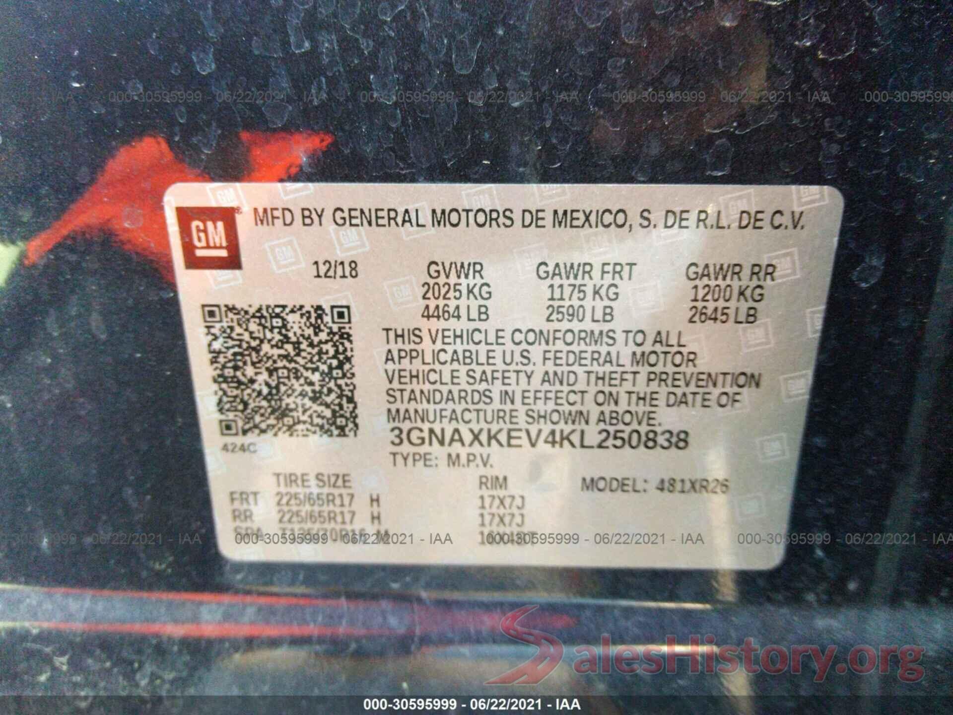 3GNAXKEV4KL250838 2019 CHEVROLET EQUINOX