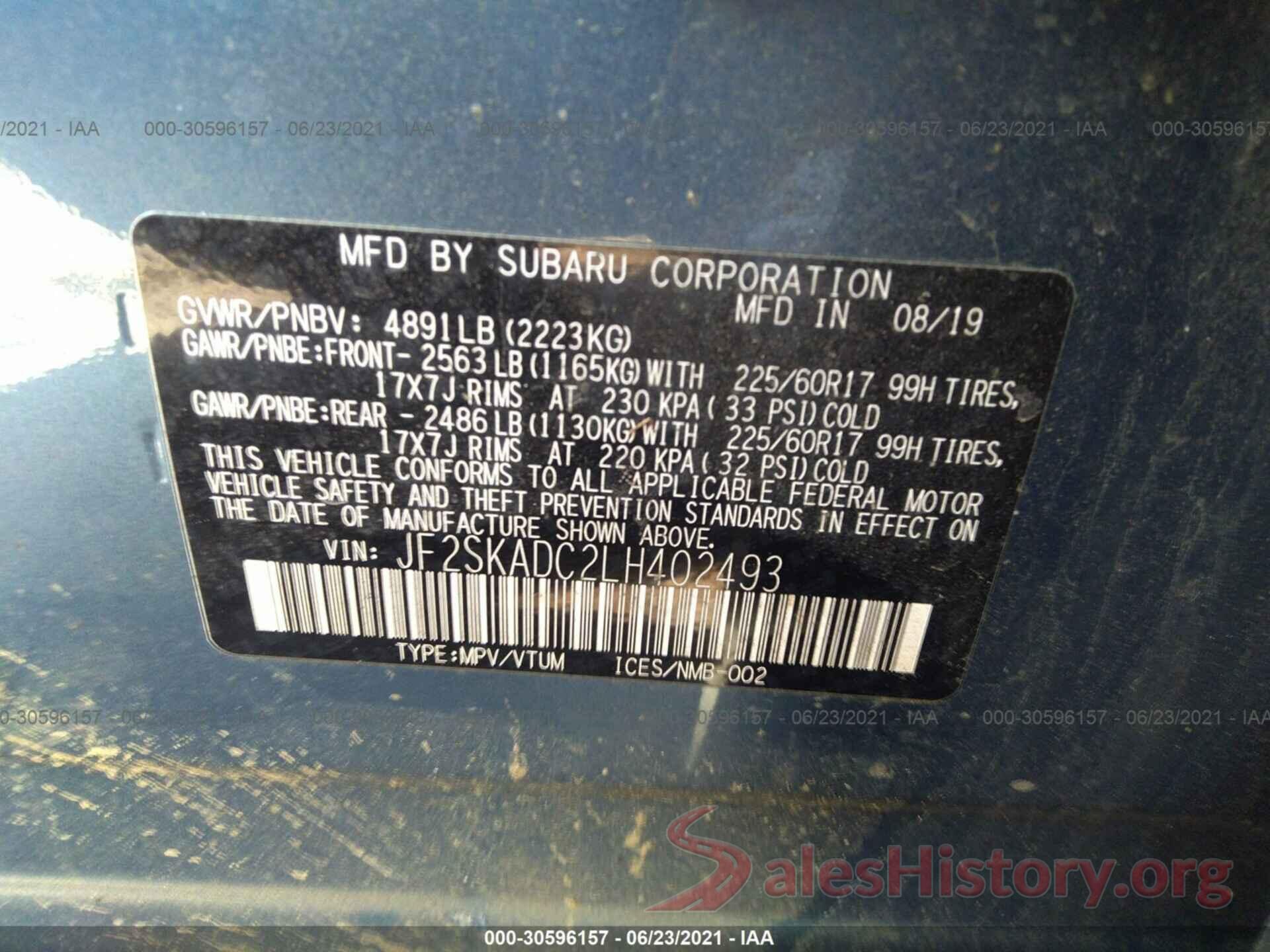 JF2SKADC2LH402493 2020 SUBARU FORESTER