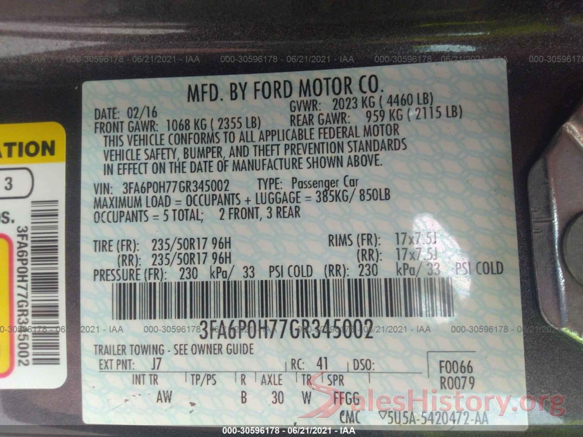 3FA6P0H77GR345002 2016 FORD FUSION