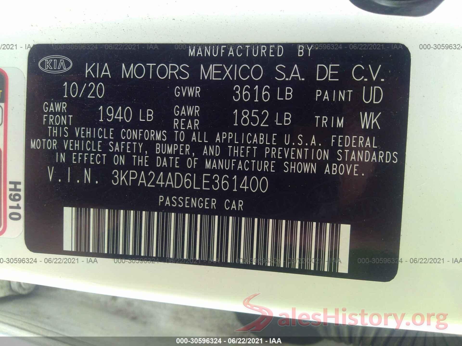 3KPA24AD6LE361400 2020 KIA RIO