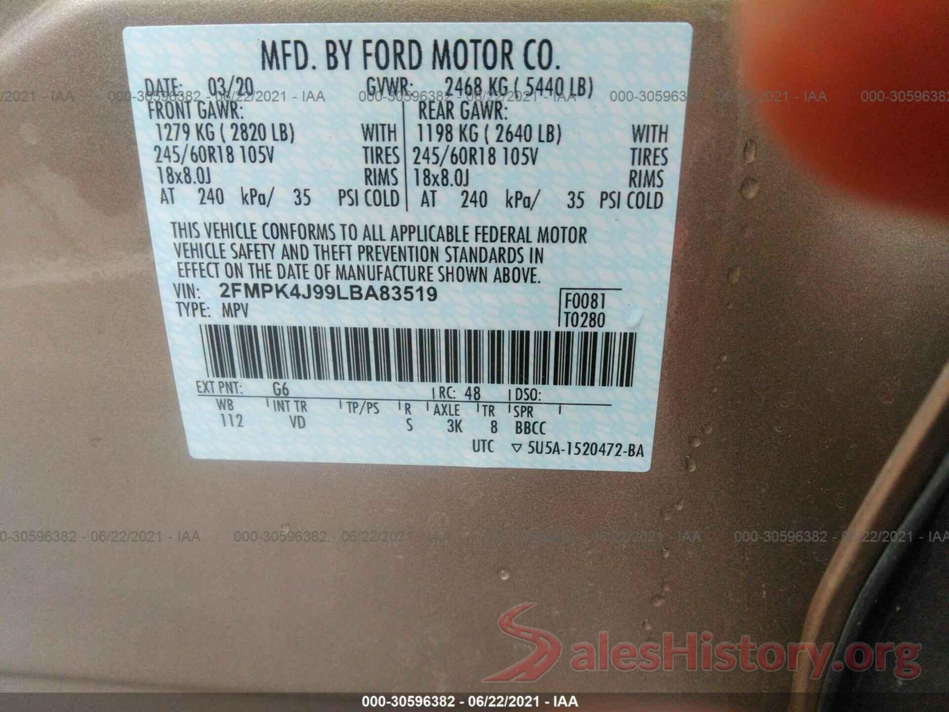 2FMPK4J99LBA83519 2020 FORD EDGE