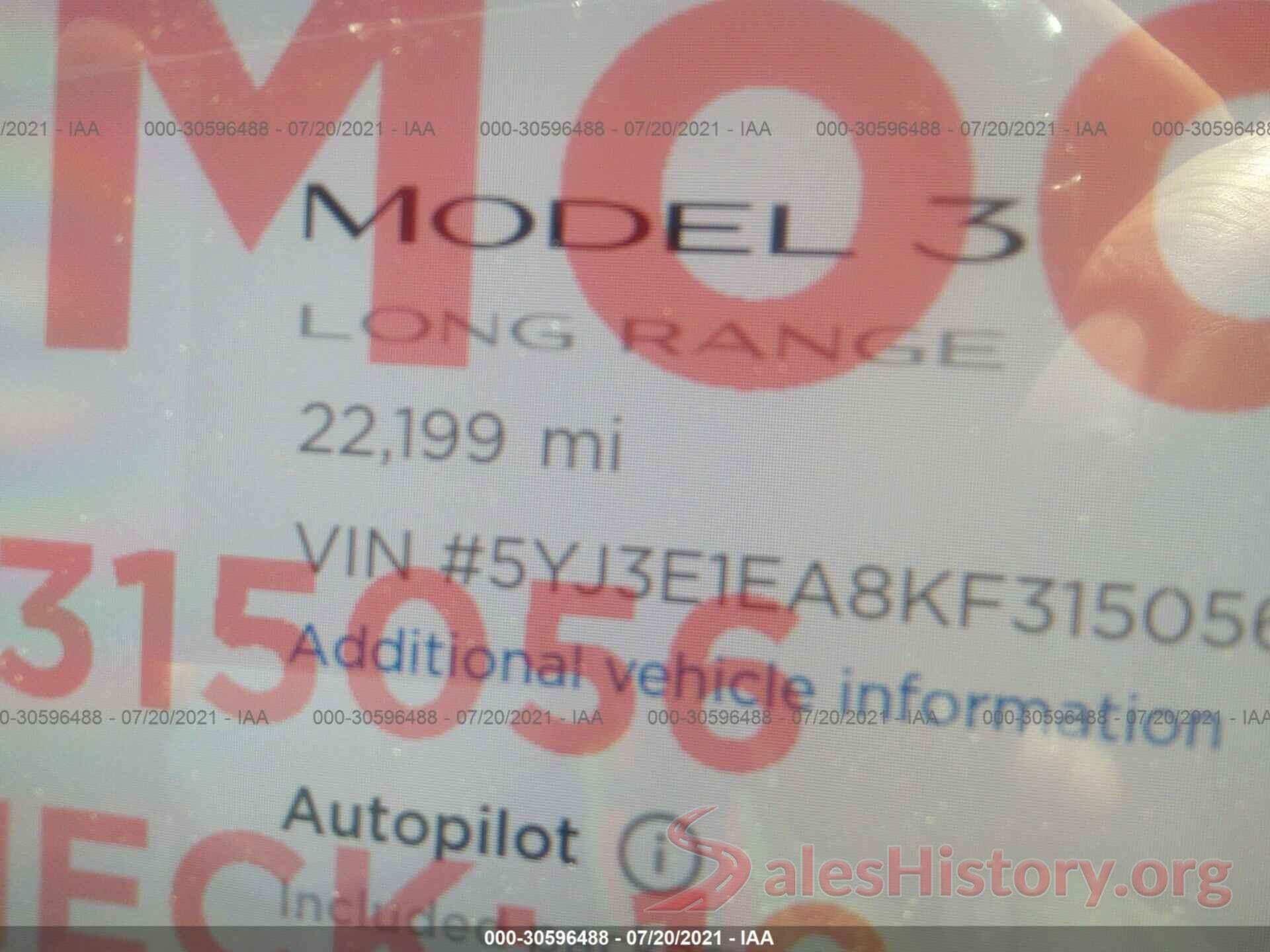 5YJ3E1EA8KF315056 2019 TESLA MODEL 3