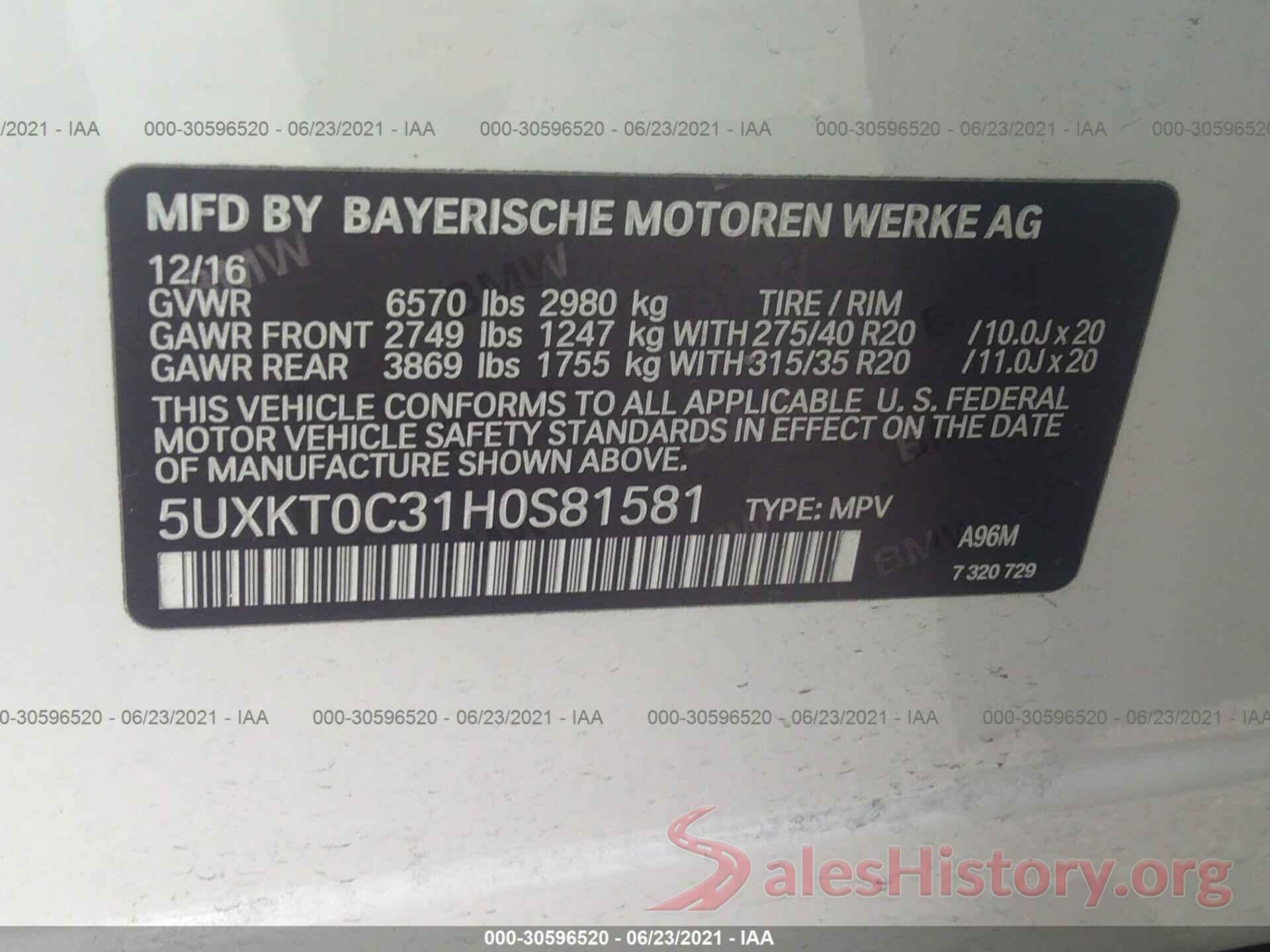 5UXKT0C31H0S81581 2017 BMW X5