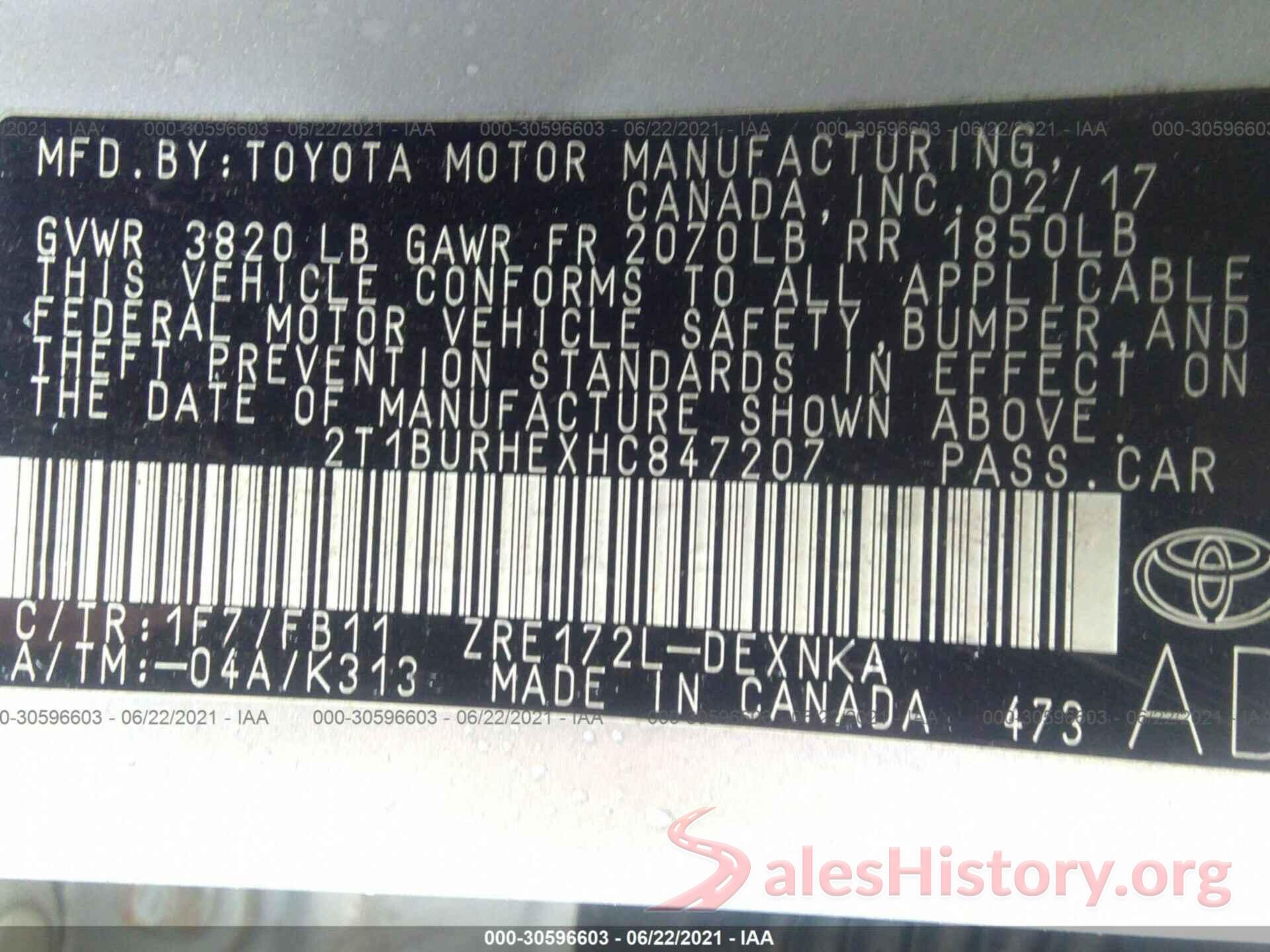 2T1BURHEXHC847207 2017 TOYOTA COROLLA