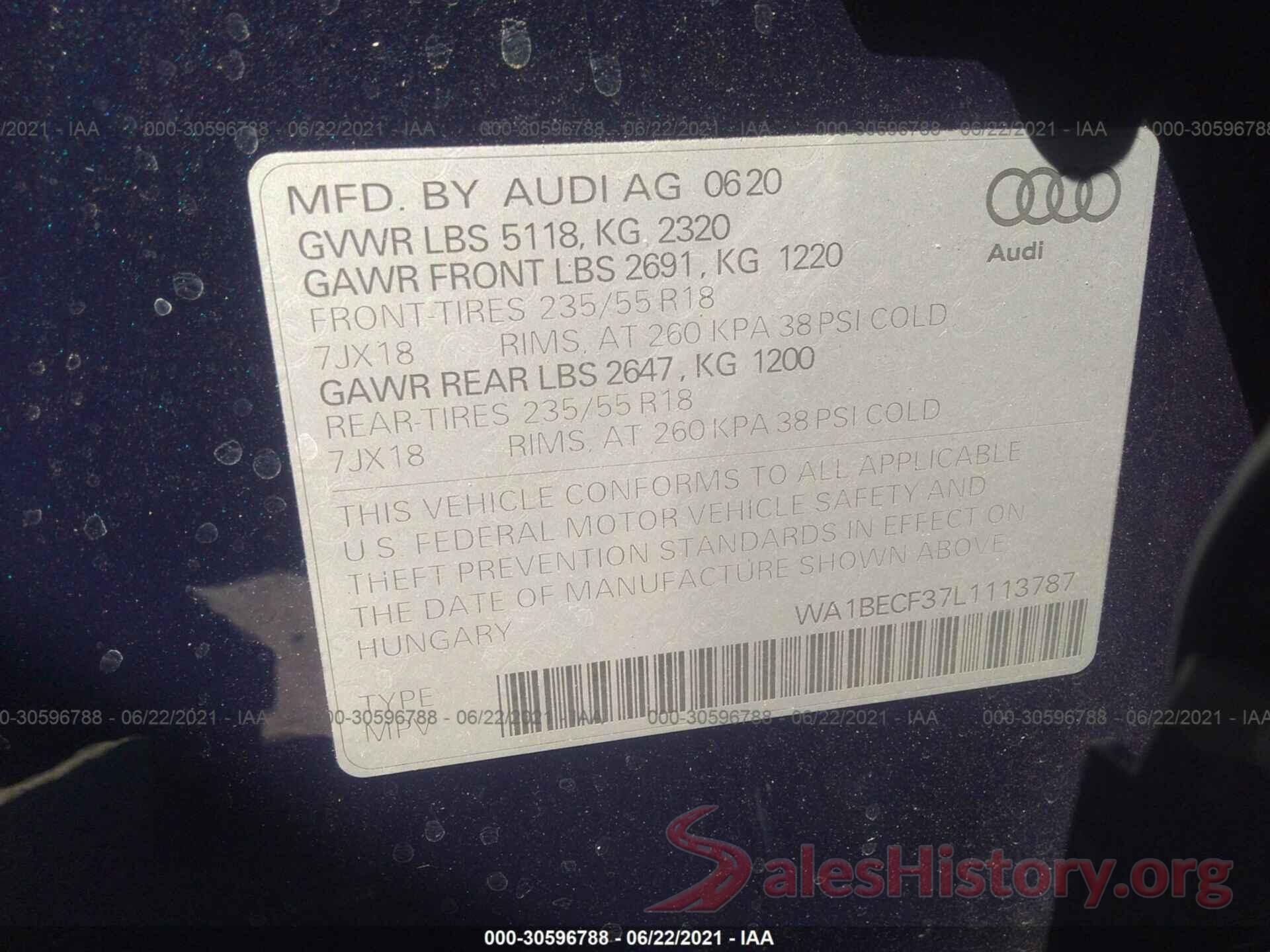 WA1BECF37L1113787 2020 AUDI Q3