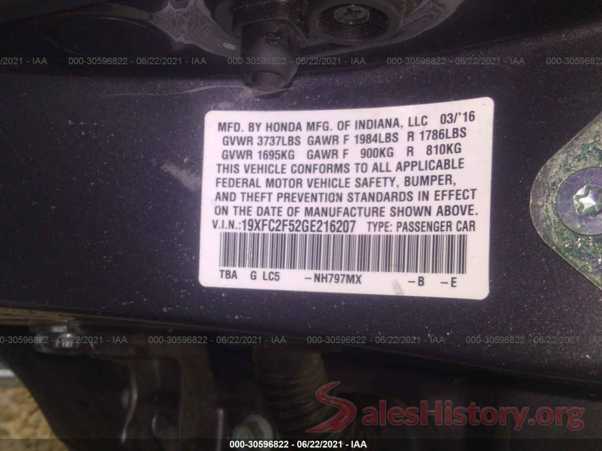 19XFC2F52GE216207 2016 HONDA CIVIC SEDAN