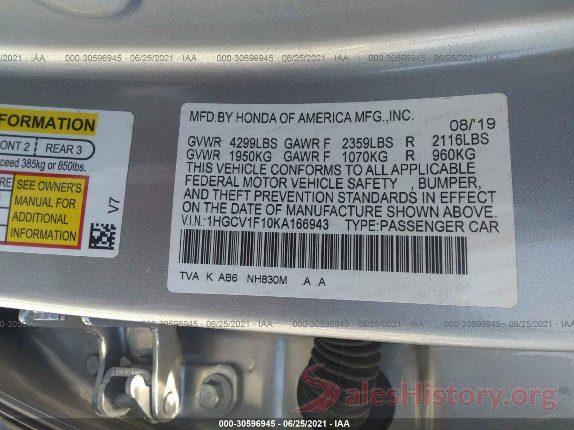 1HGCV1F10KA166943 2019 HONDA ACCORD SEDAN