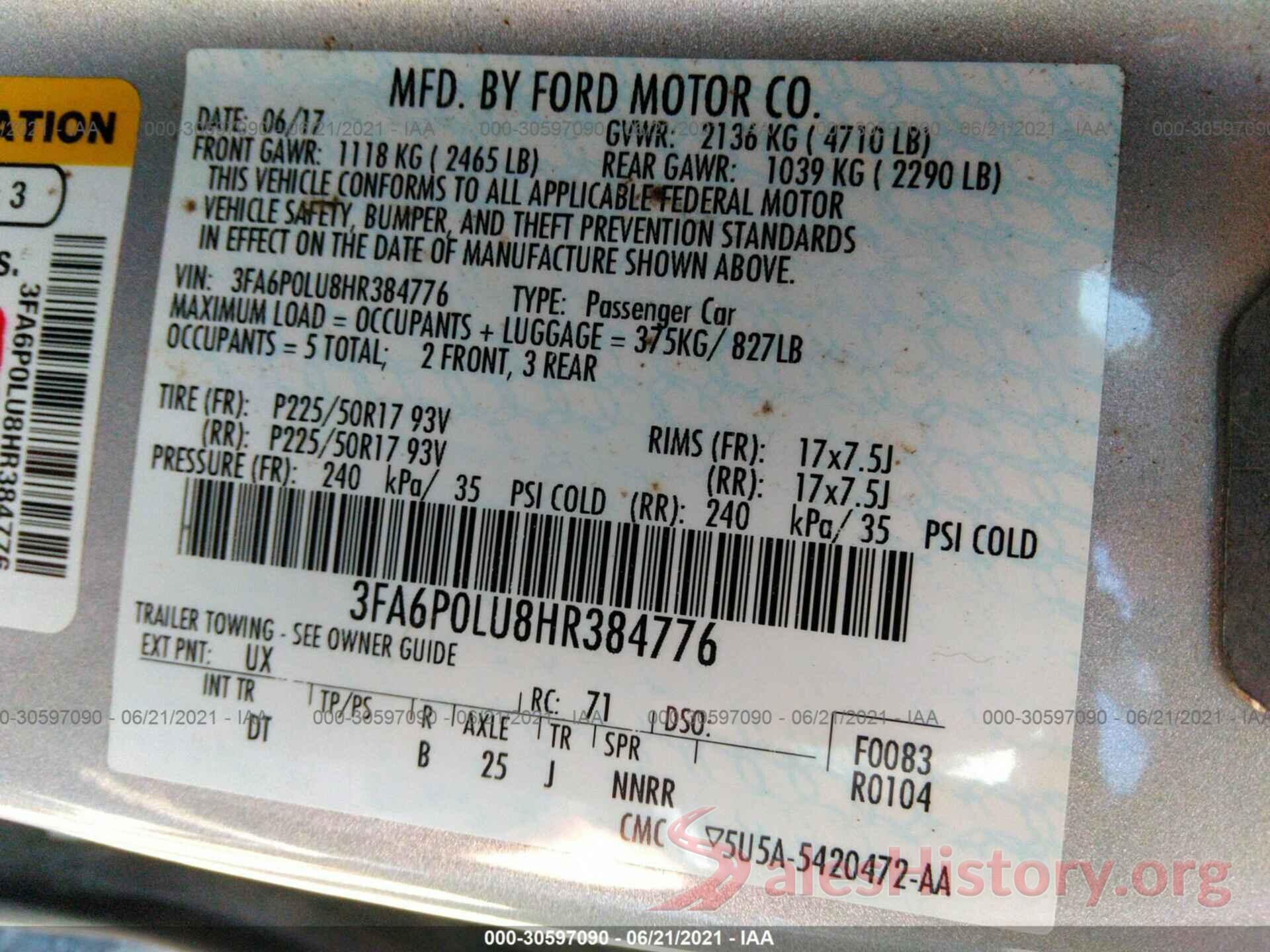 3FA6P0LU8HR384776 2017 FORD FUSION