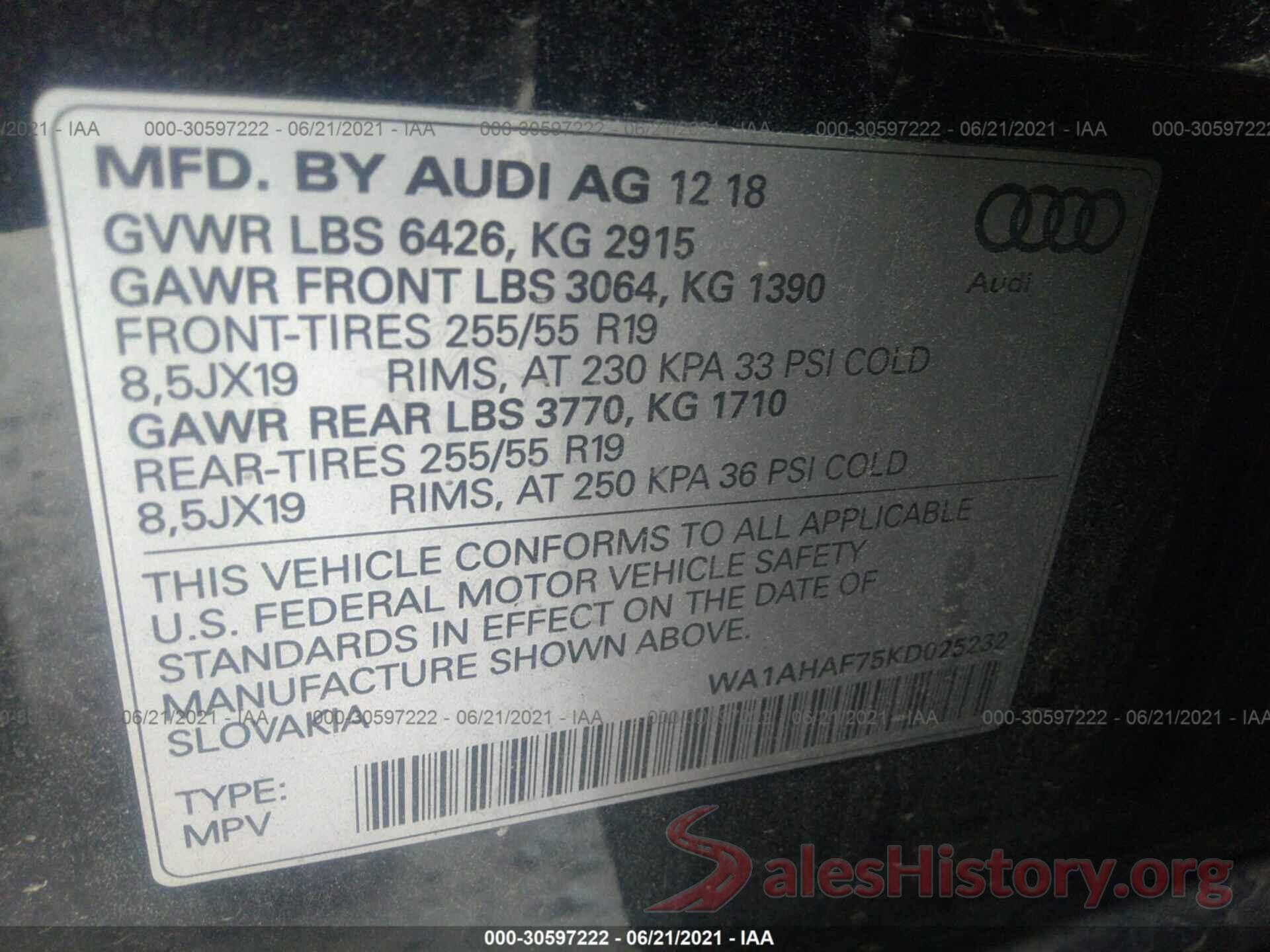 WA1AHAF75KD025232 2019 AUDI Q7