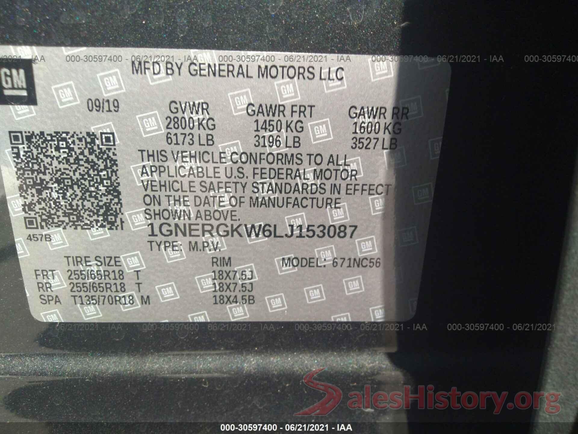 1GNERGKW6LJ153087 2020 CHEVROLET TRAVERSE