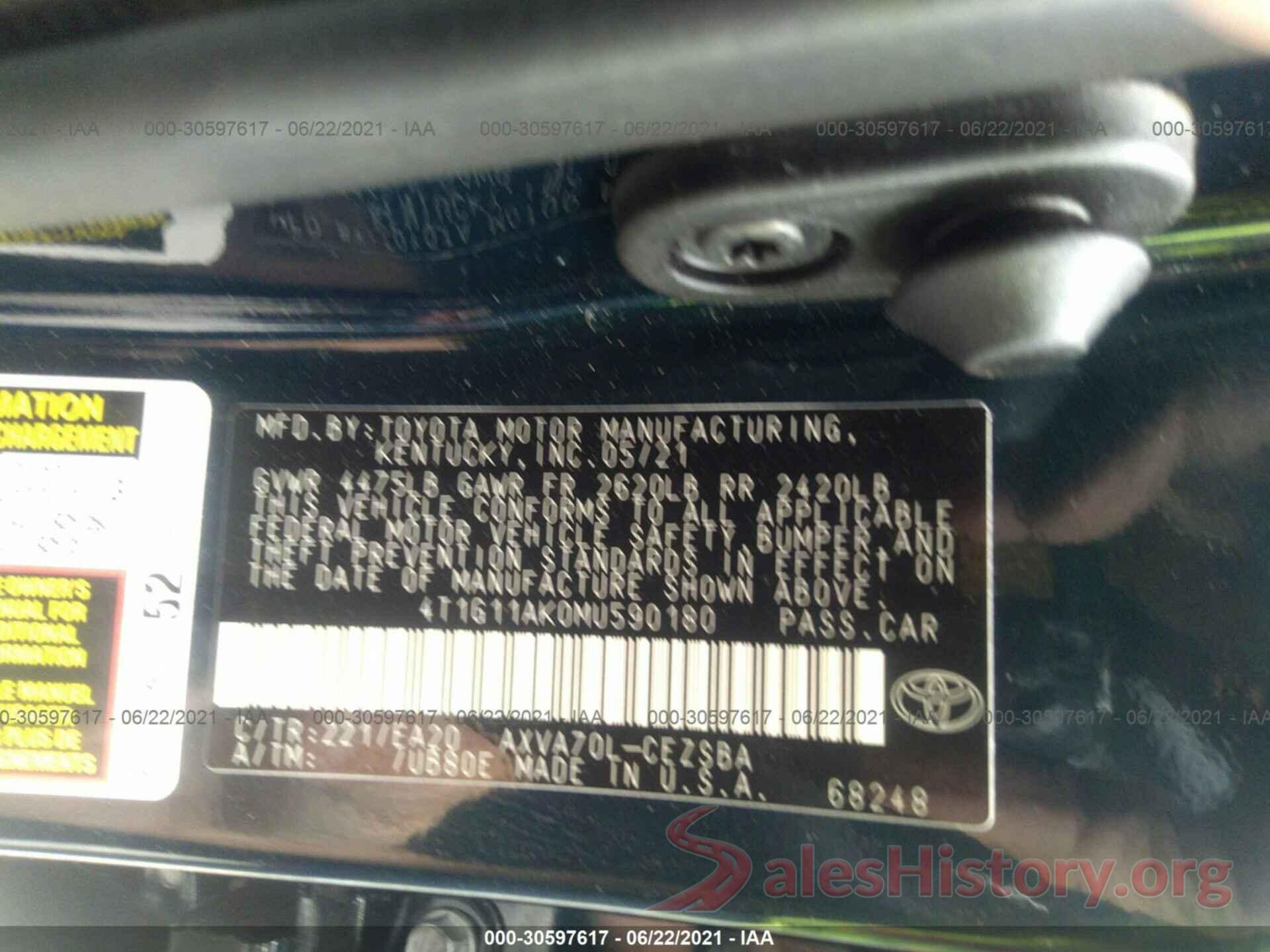 4T1G11AK0MU590180 2021 TOYOTA CAMRY