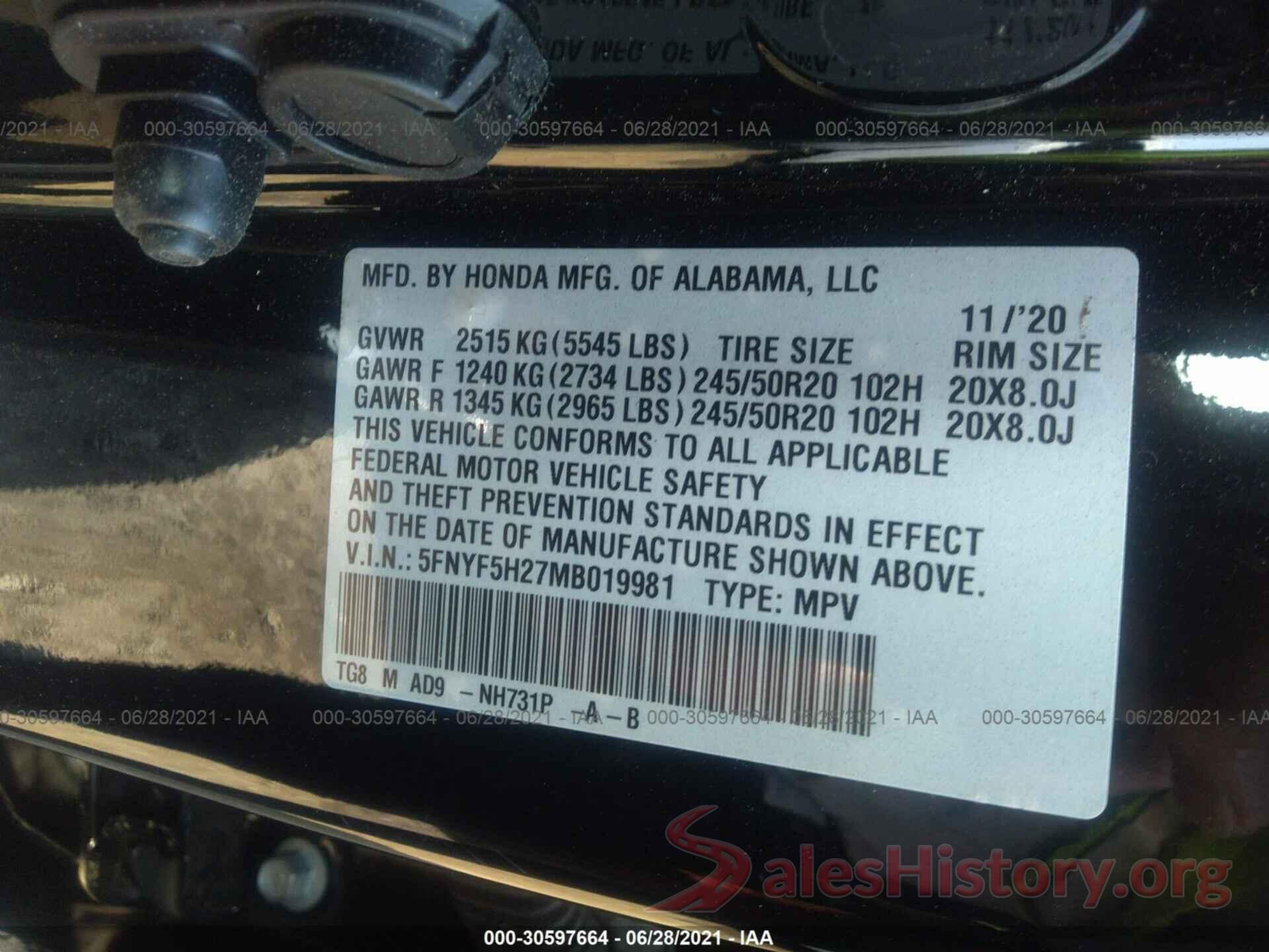 5FNYF5H27MB019981 2021 HONDA PILOT