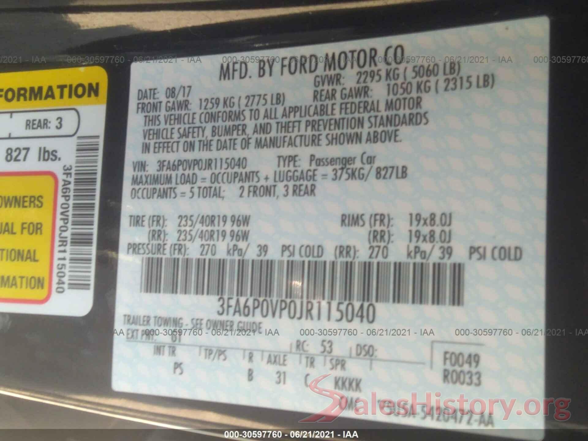 3FA6P0VP0JR115040 2018 FORD FUSION