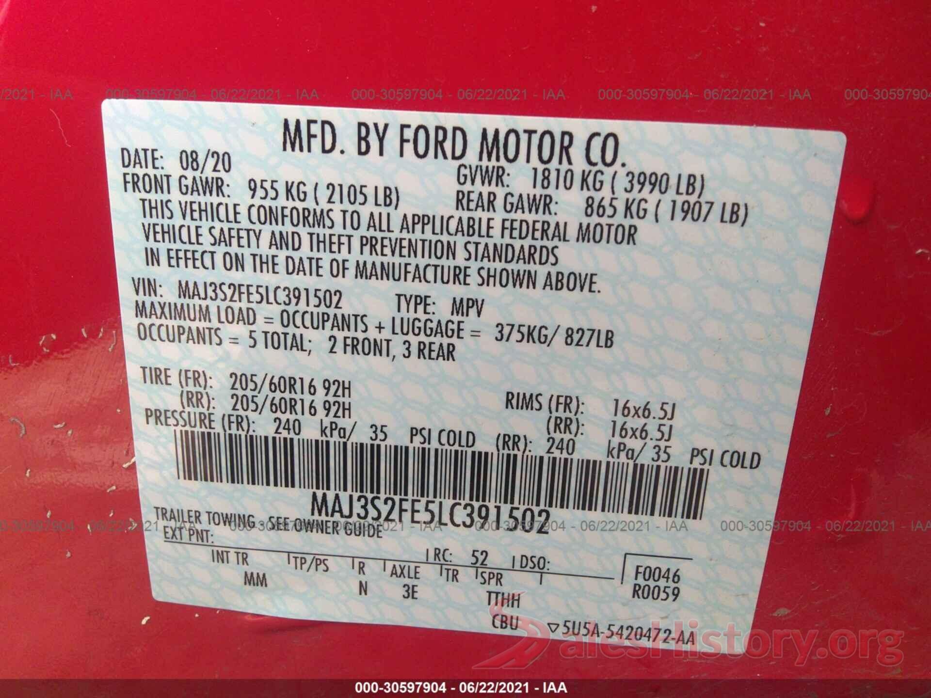 MAJ3S2FE5LC391502 2020 FORD ECOSPORT