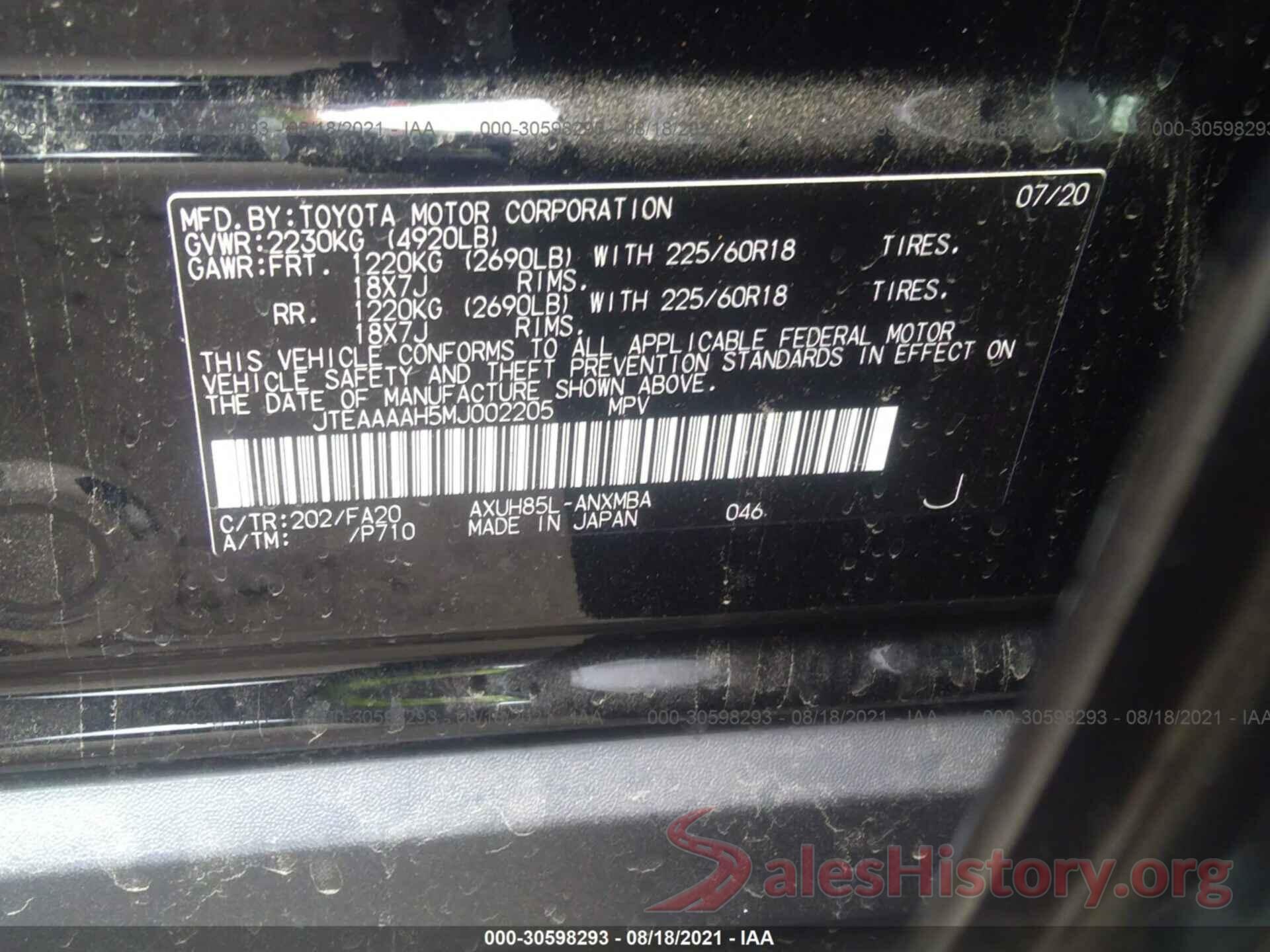 JTEAAAAH5MJ002205 2021 TOYOTA VENZA