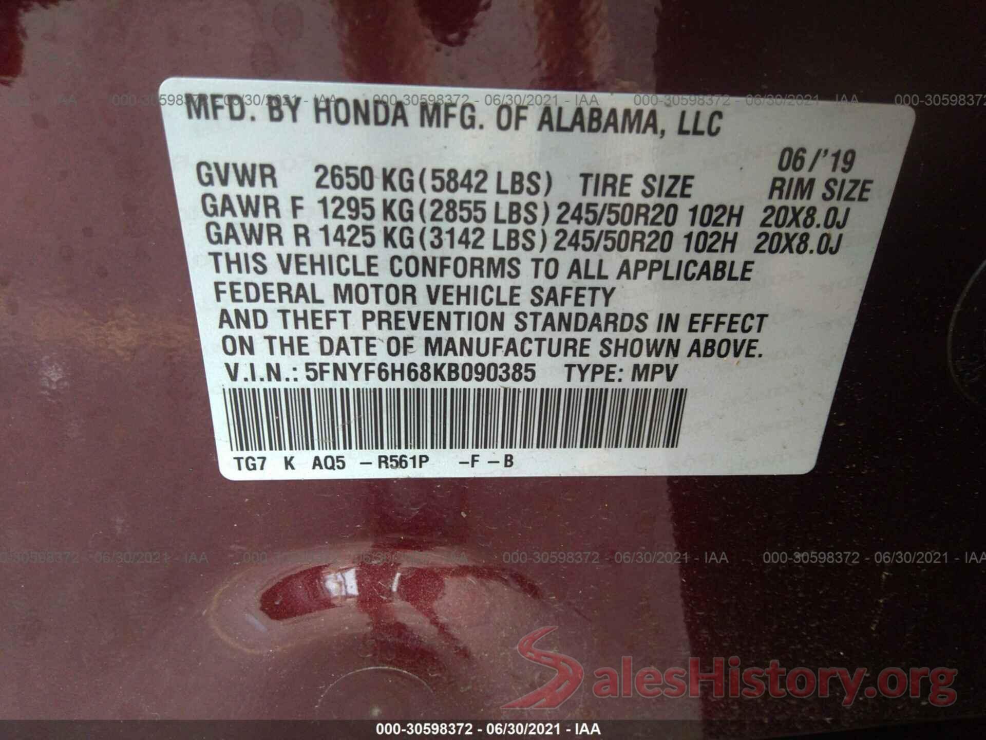 5FNYF6H68KB090385 2019 HONDA PILOT