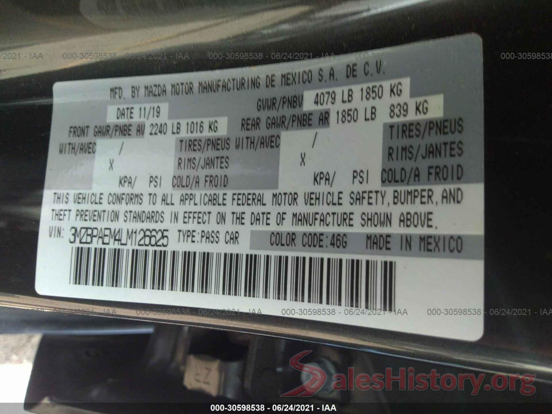 3MZBPAEM4LM126625 2020 MAZDA MAZDA3 SEDAN