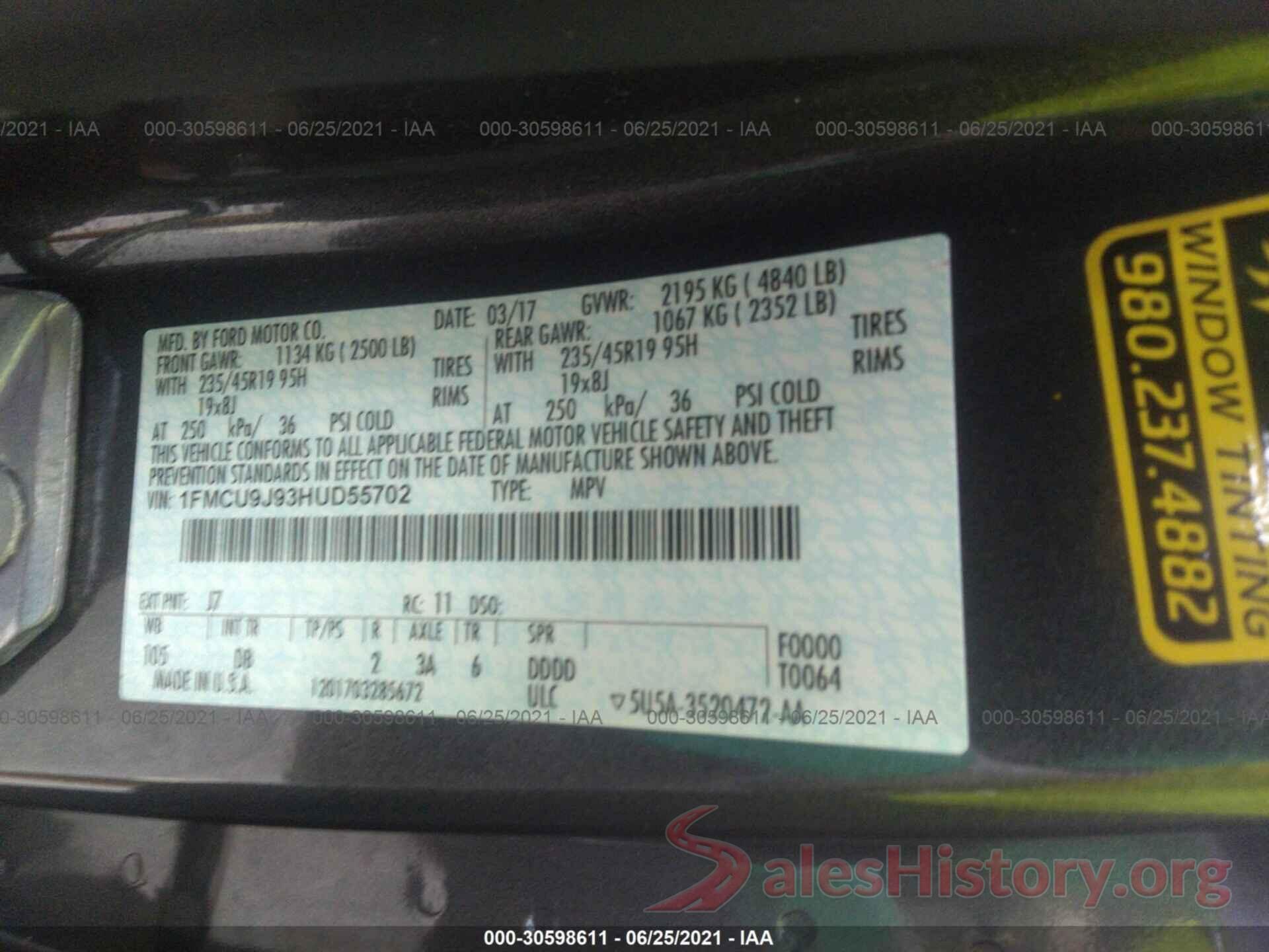 1FMCU9J93HUD55702 2017 FORD ESCAPE