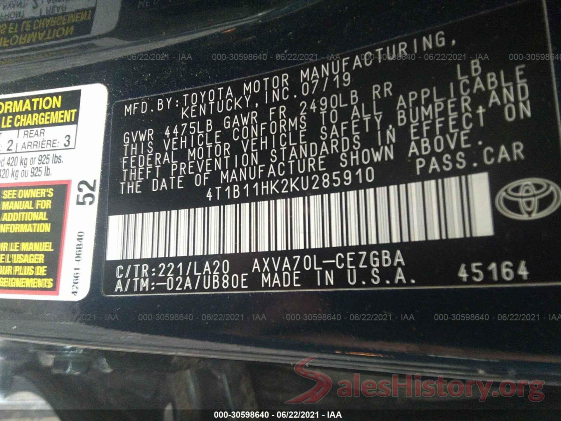 4T1B11HK2KU285910 2019 TOYOTA CAMRY