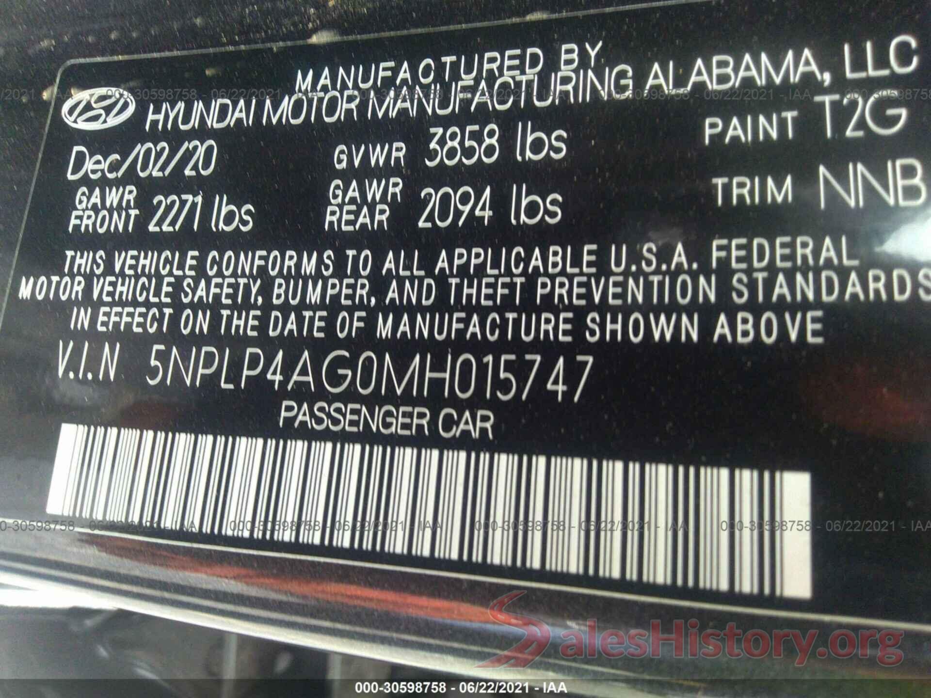 5NPLP4AG0MH015747 2021 HYUNDAI ELANTRA