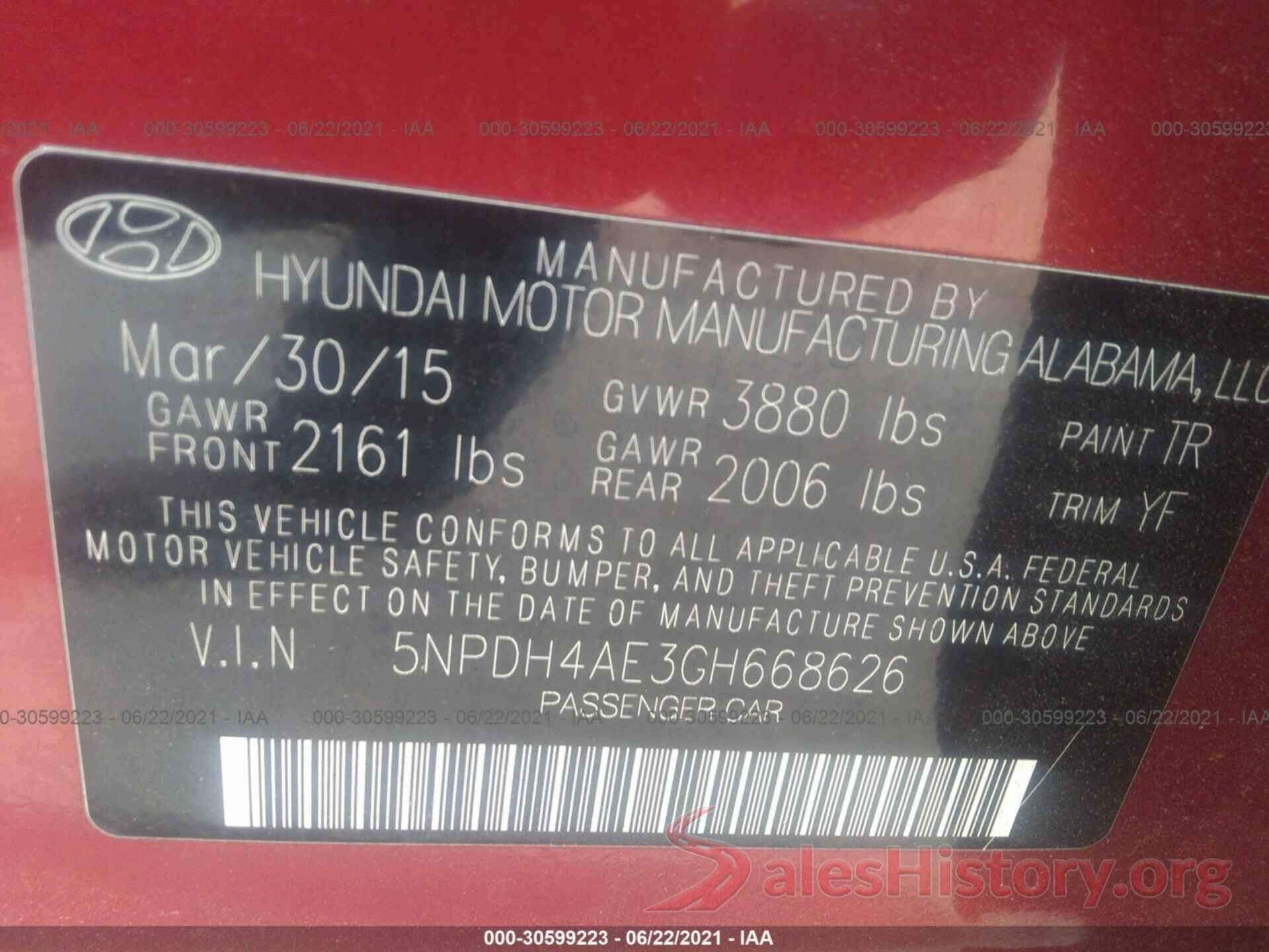 5NPDH4AE3GH668626 2016 HYUNDAI ELANTRA