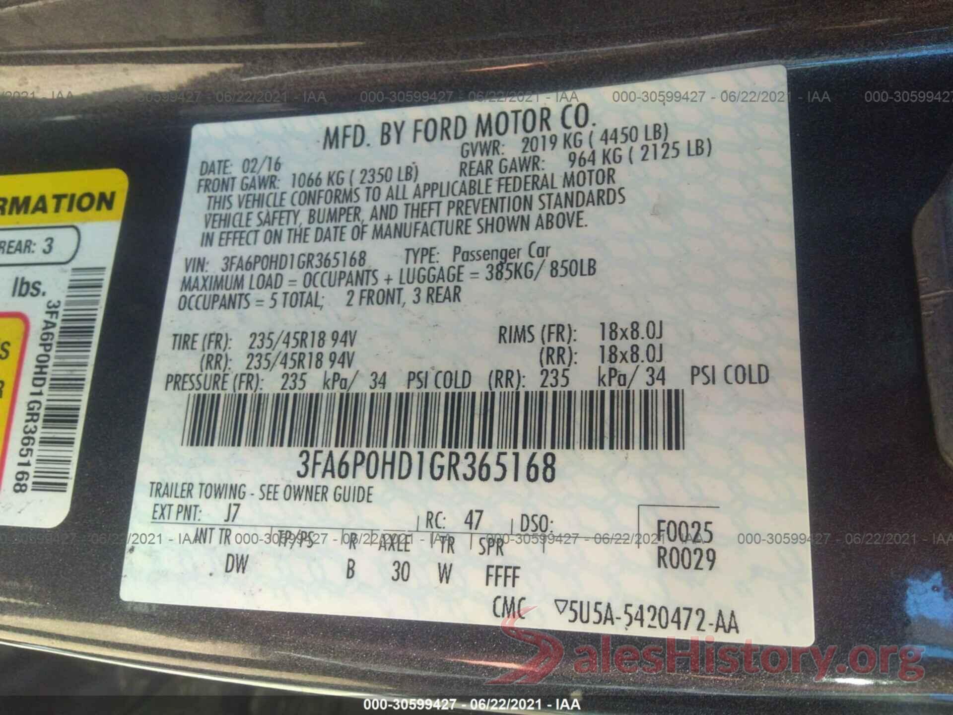 3FA6P0HD1GR365168 2016 FORD FUSION