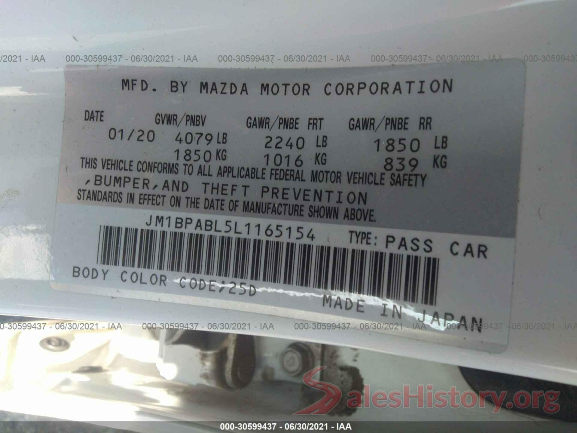 JM1BPABL5L1165154 2020 MAZDA MAZDA3 SEDAN