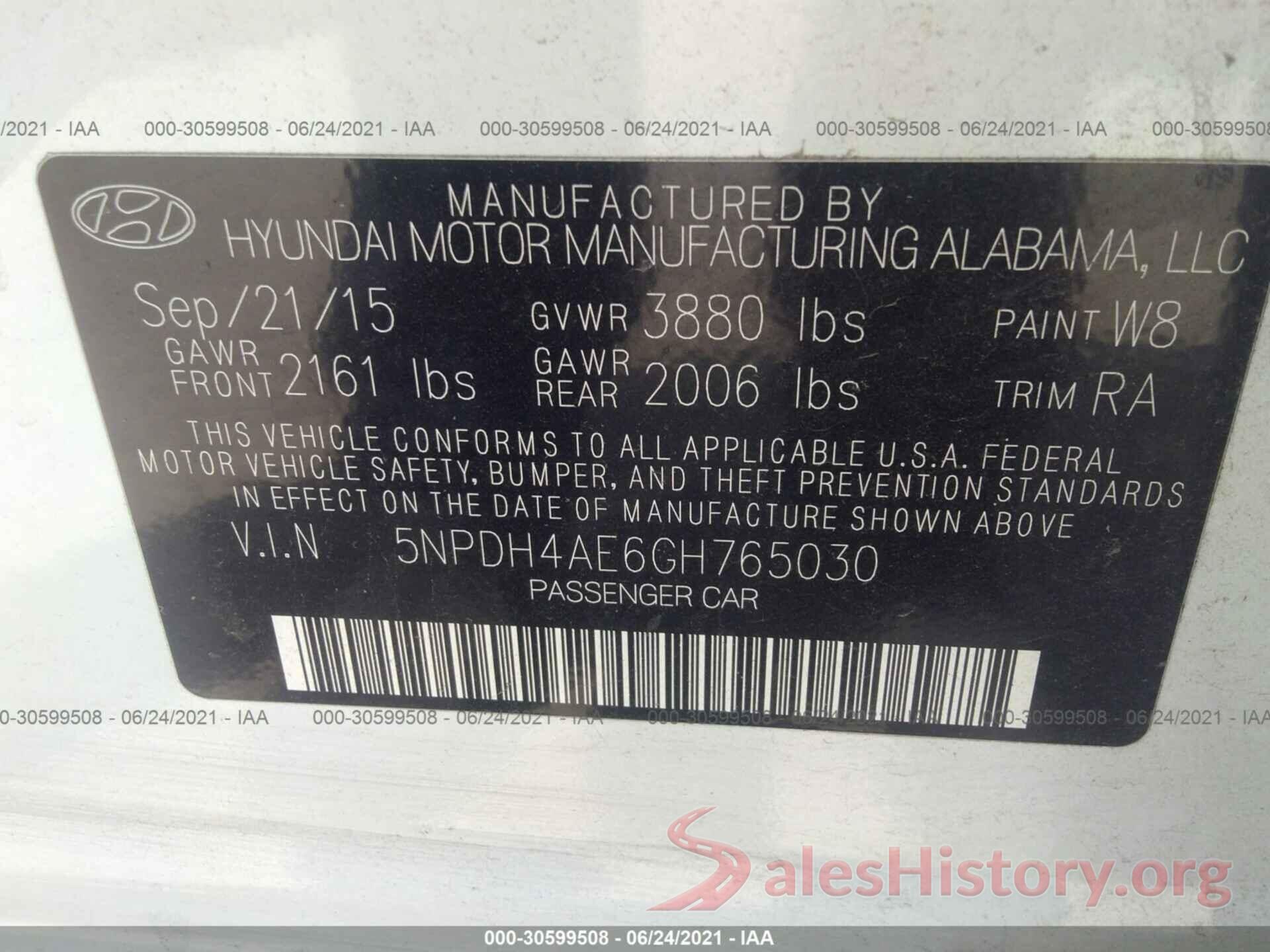 5NPDH4AE6GH765030 2016 HYUNDAI ELANTRA