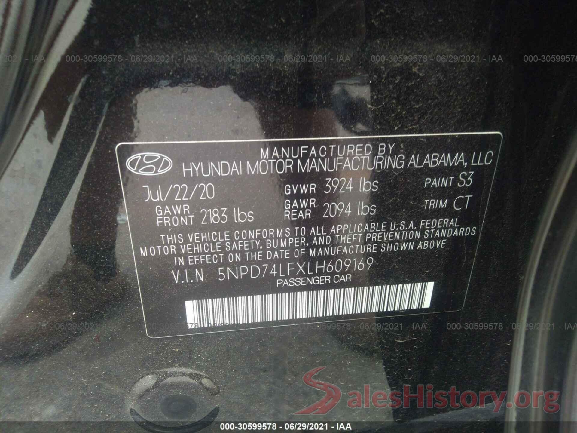 5NPD74LFXLH609169 2020 HYUNDAI ELANTRA