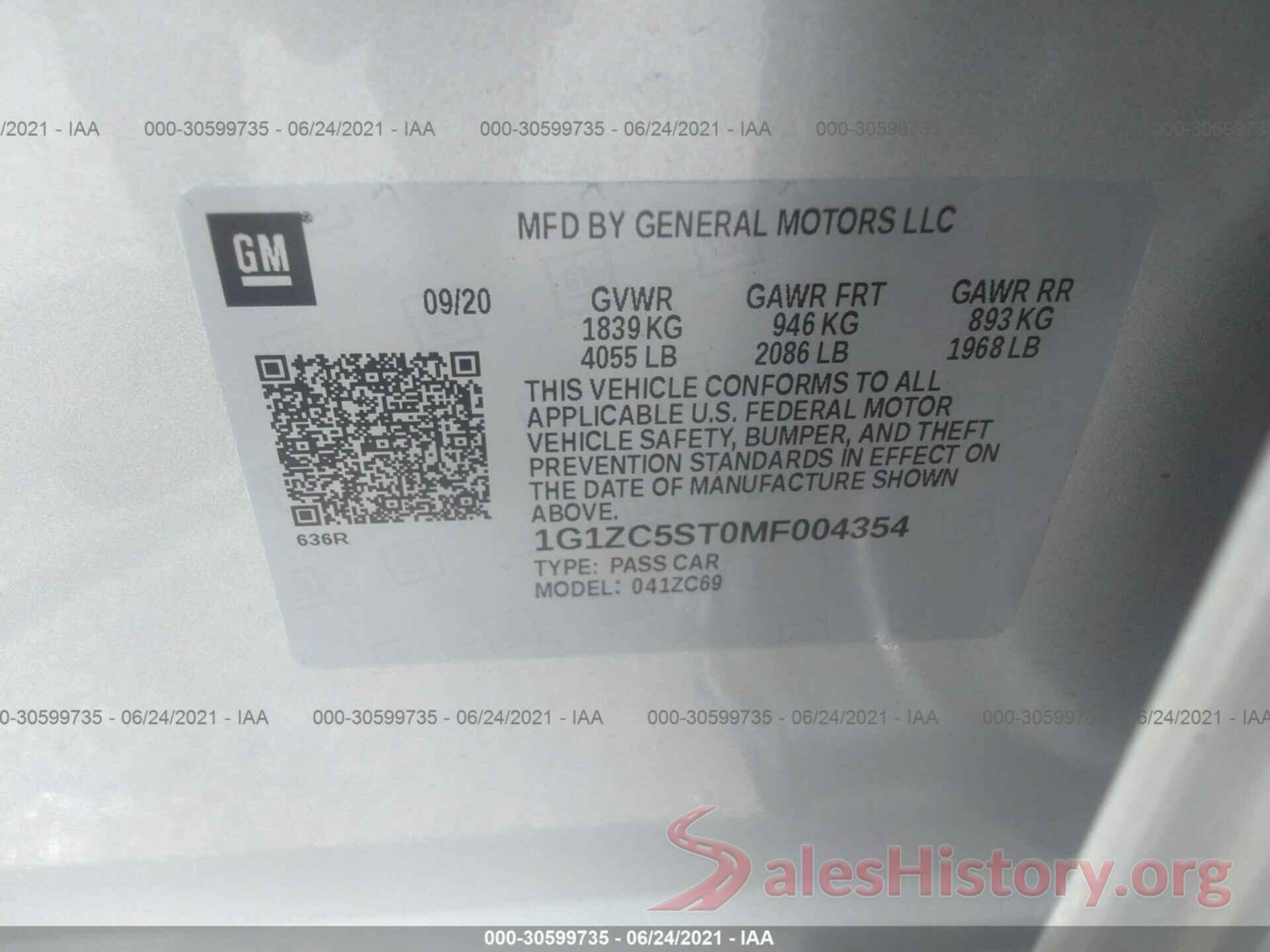 1G1ZC5ST0MF004354 2021 CHEVROLET MALIBU