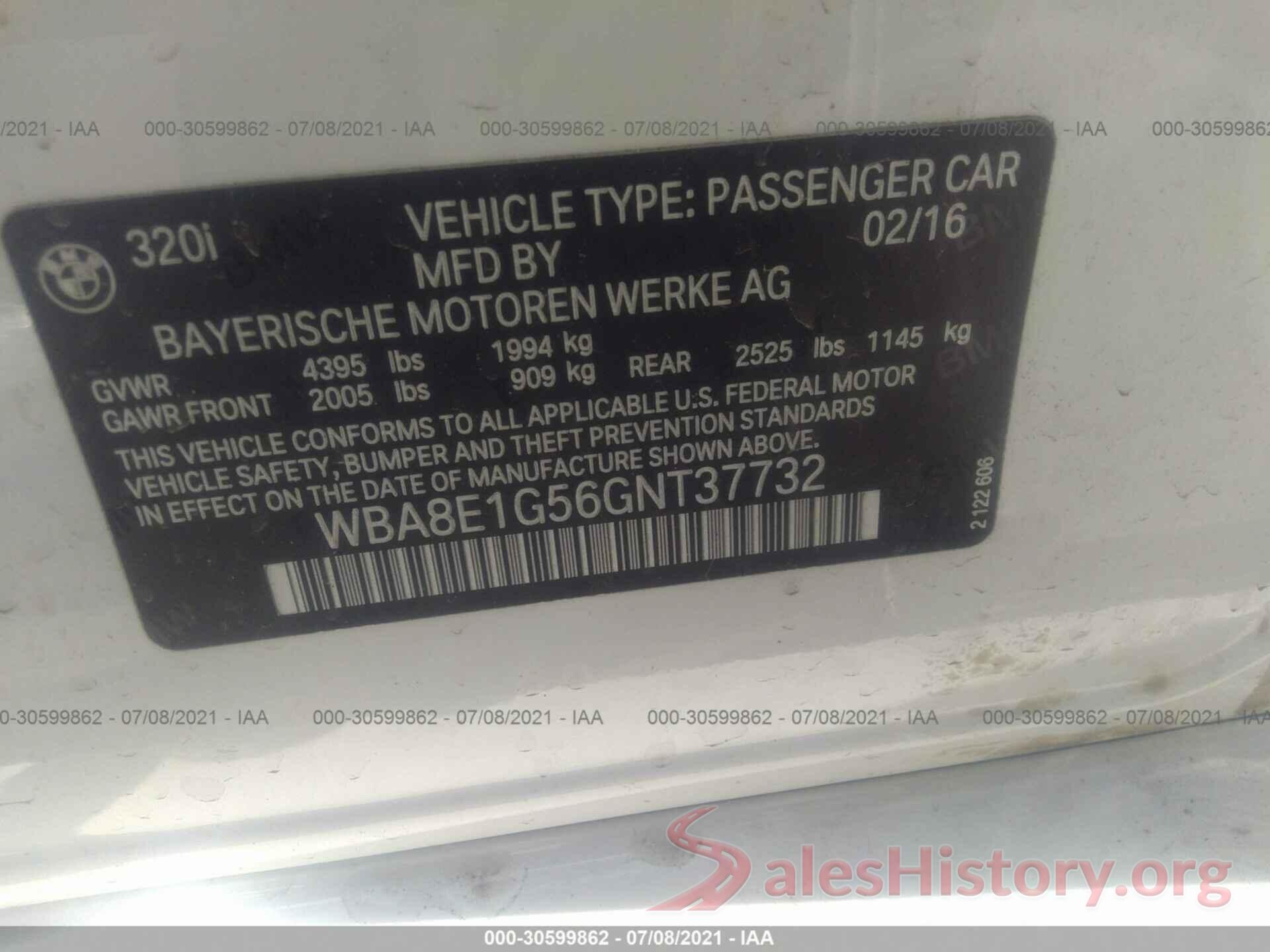 WBA8E1G56GNT37732 2016 BMW 3 SERIES