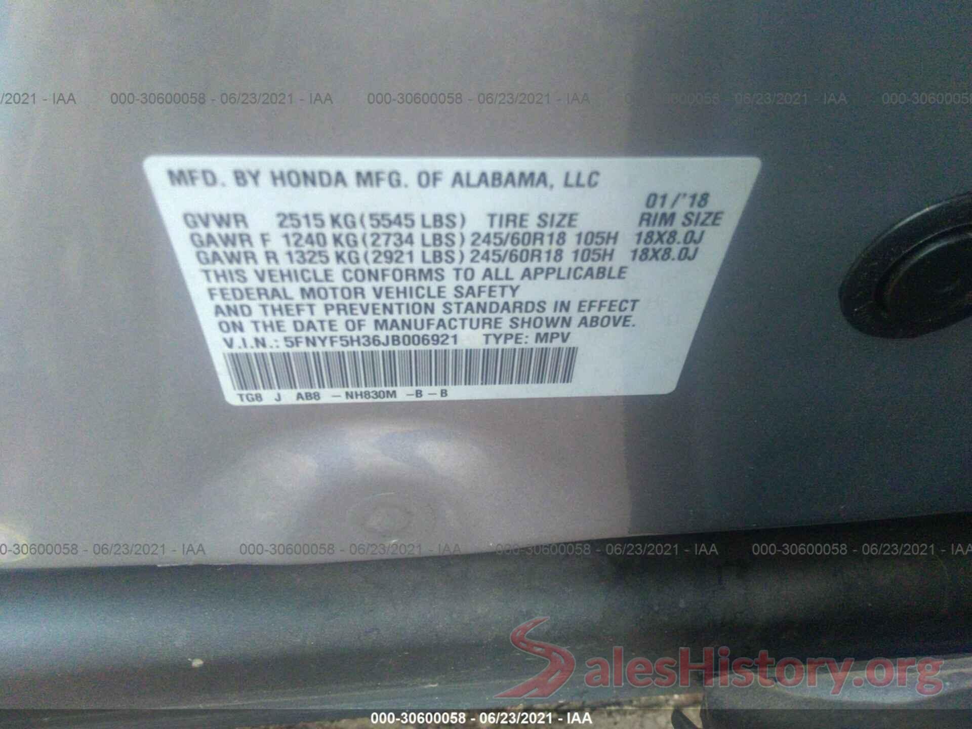 5FNYF5H36JB006921 2018 HONDA PILOT