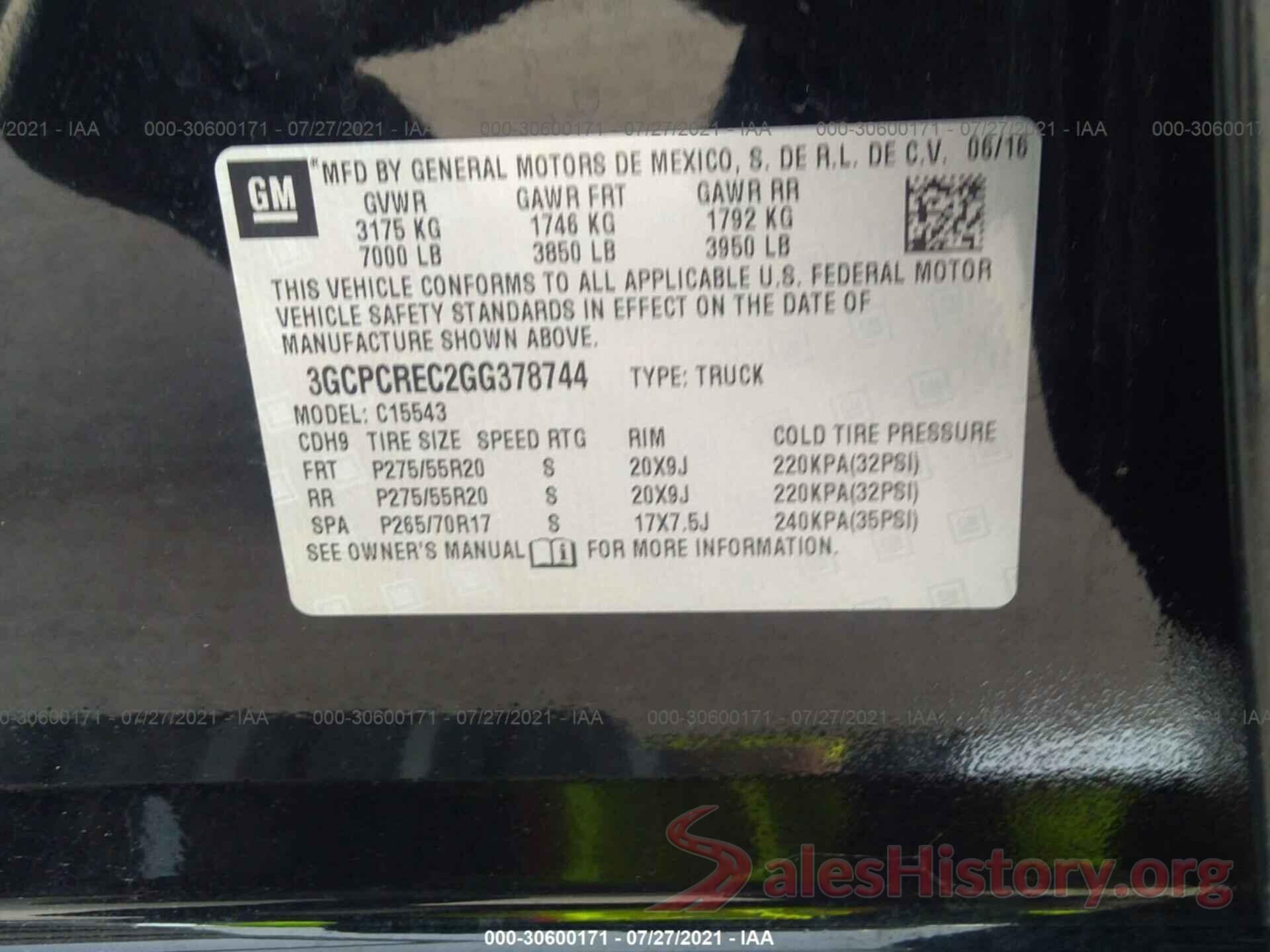 3GCPCREC2GG378744 2016 CHEVROLET SILVERADO 1500