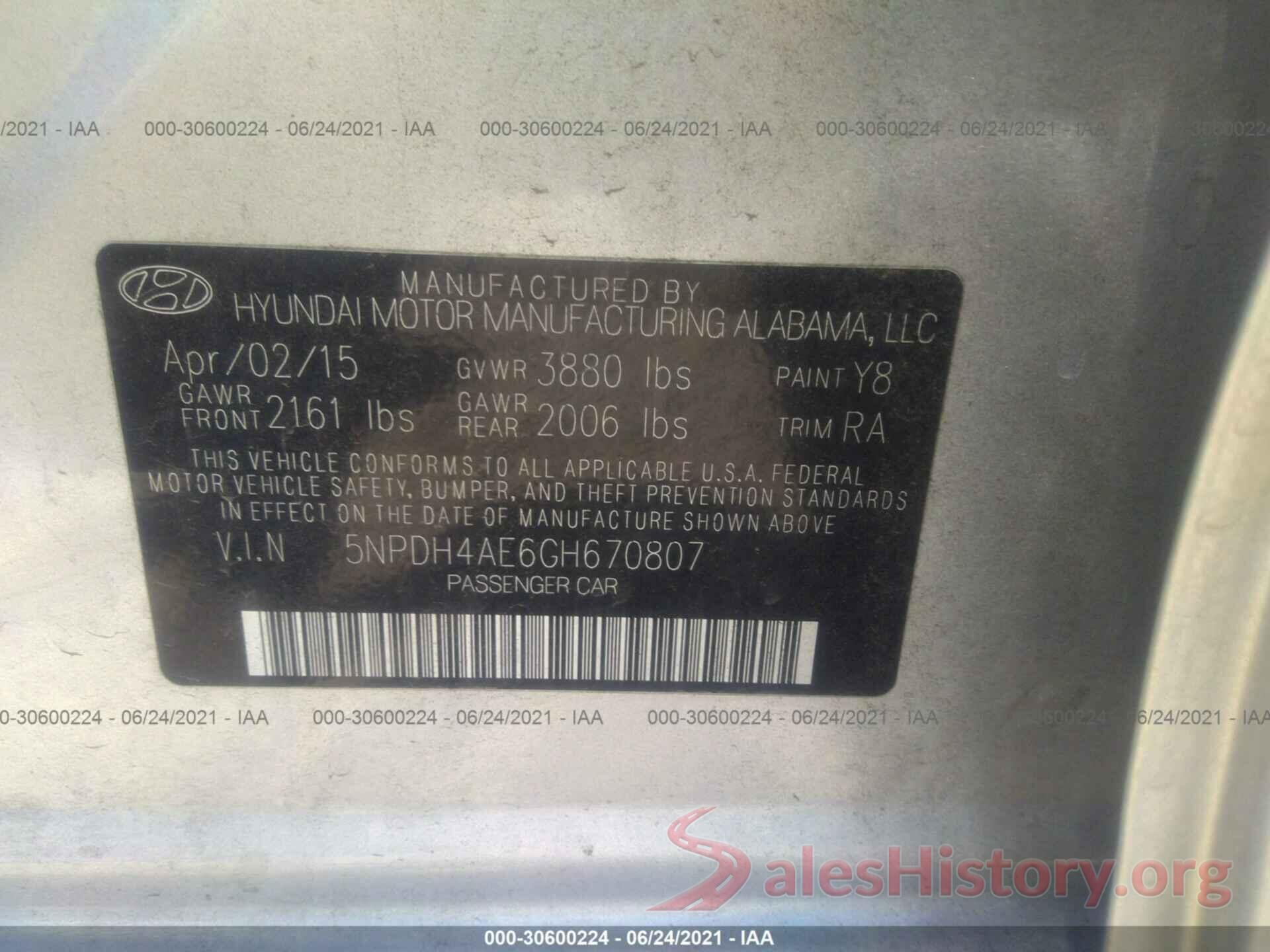 5NPDH4AE6GH670807 2016 HYUNDAI ELANTRA