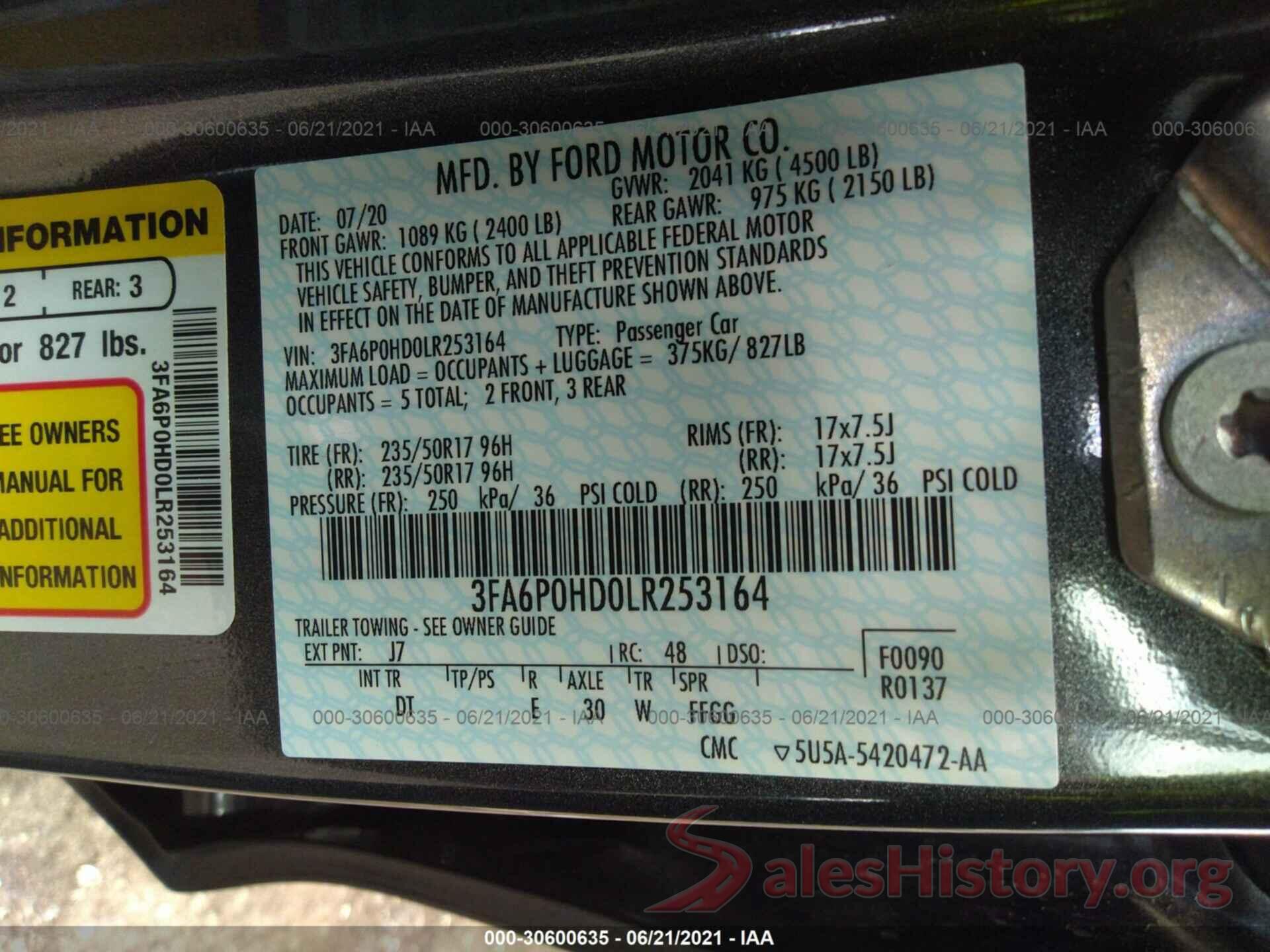 3FA6P0HD0LR253164 2020 FORD FUSION